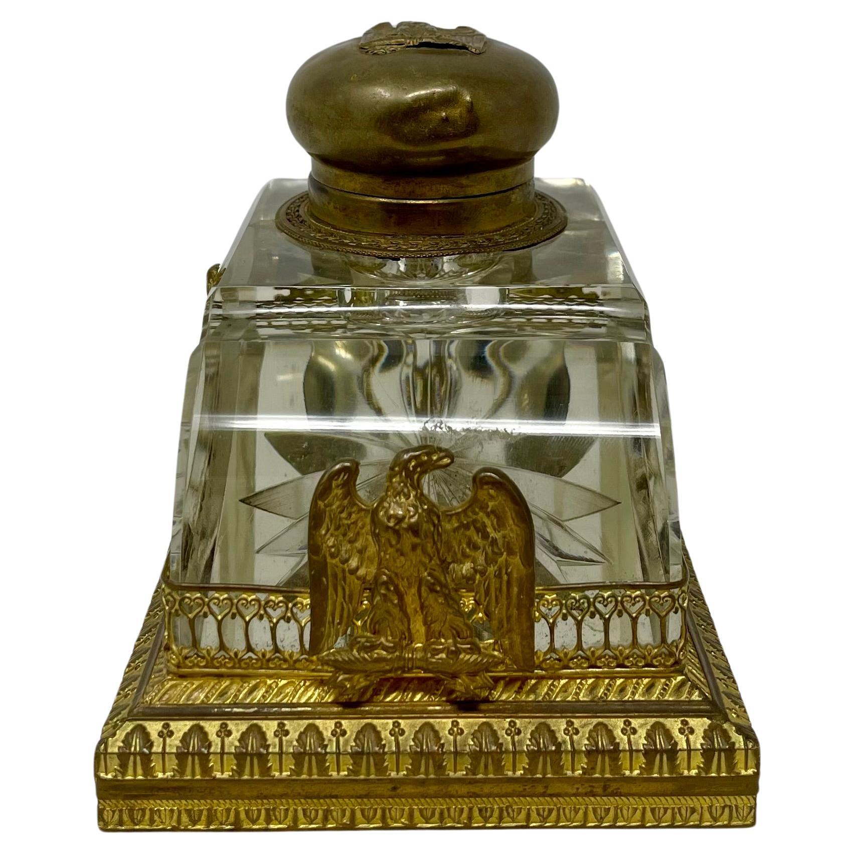 19th Century Antique French Empire Cut Crystal and Gold Bronze Inkwell, Circa 1880. For Sale