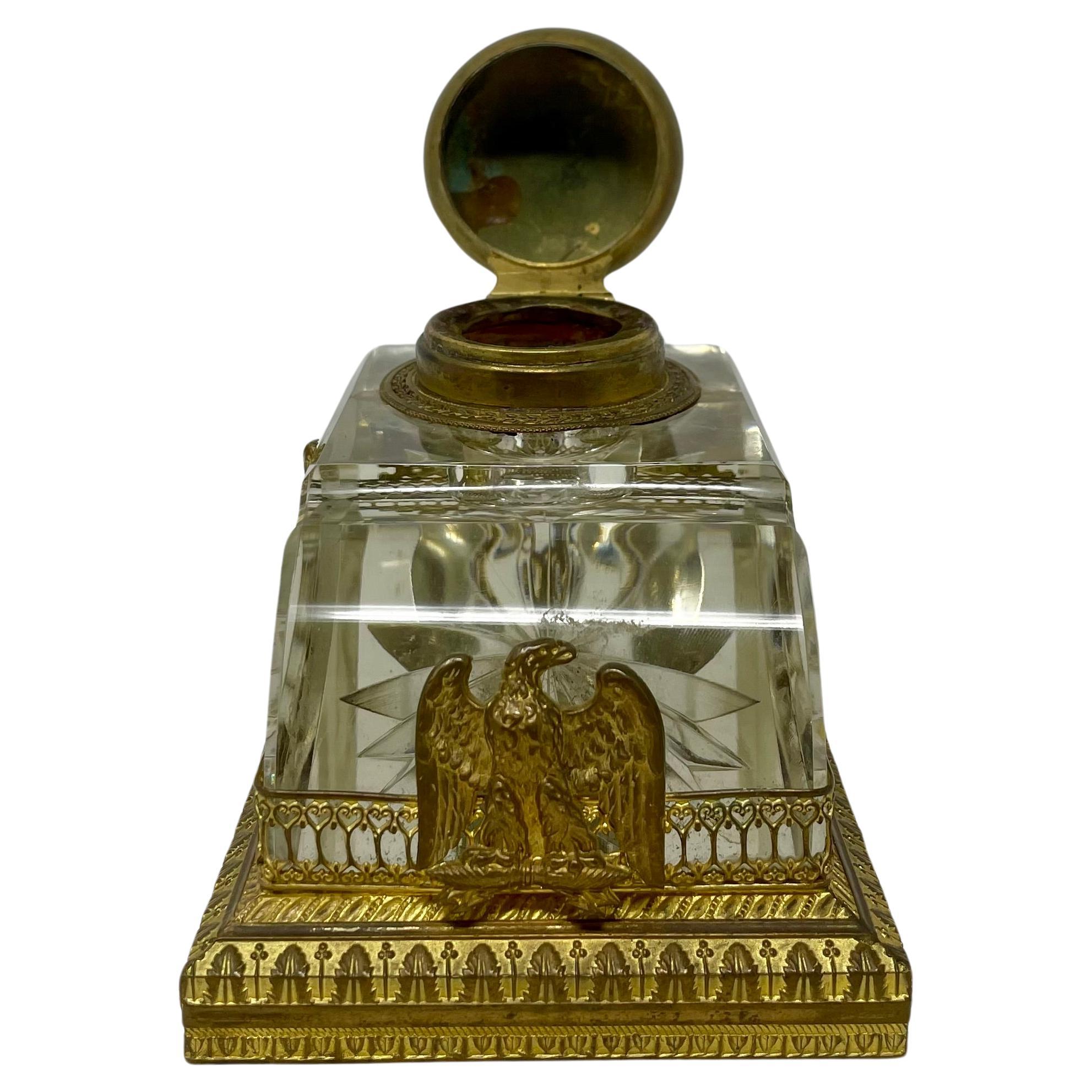 Antique French Empire Cut Crystal and Gold Bronze Inkwell, Circa 1880. For Sale 1