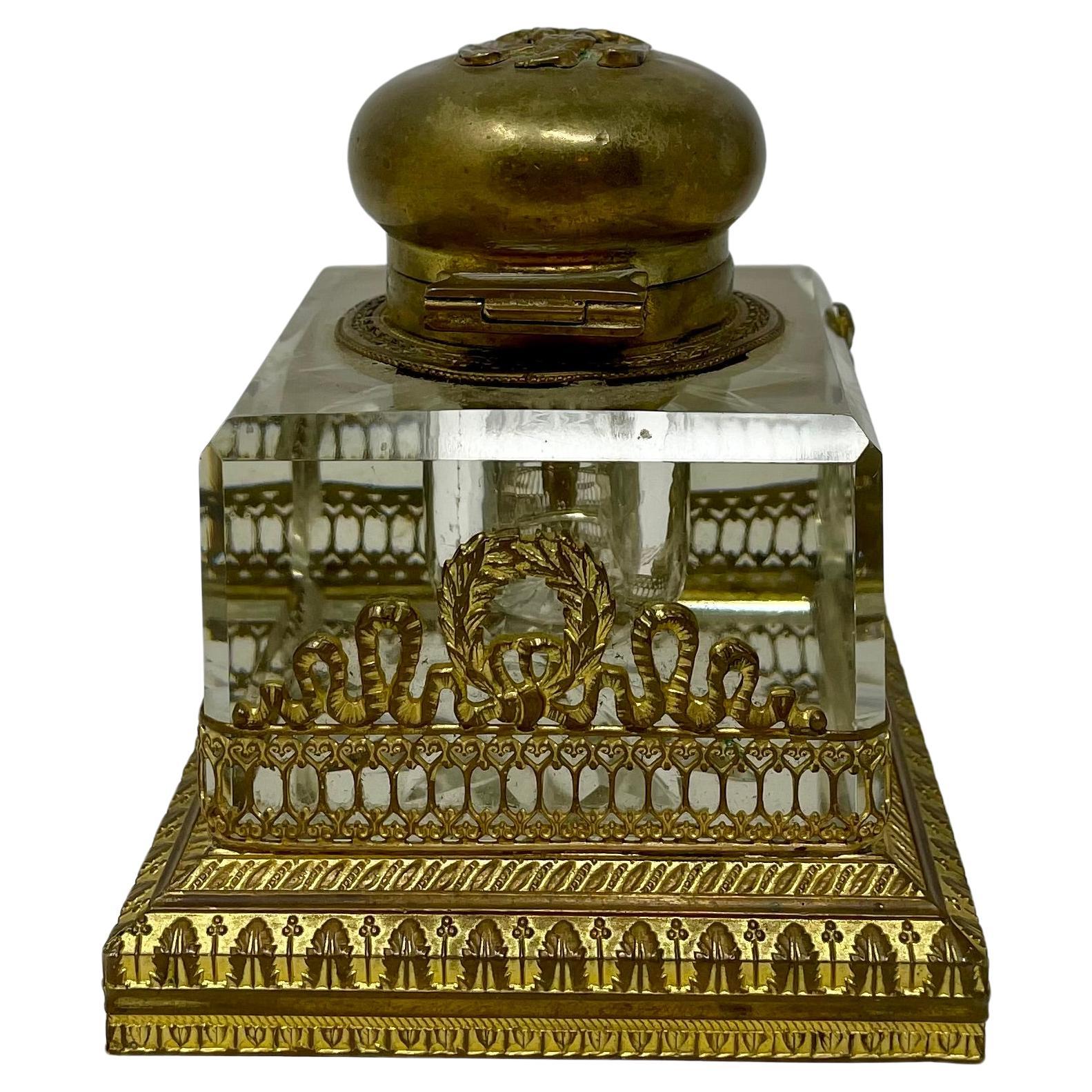 Antique French Empire Cut Crystal and Gold Bronze Inkwell, Circa 1880. For Sale 2