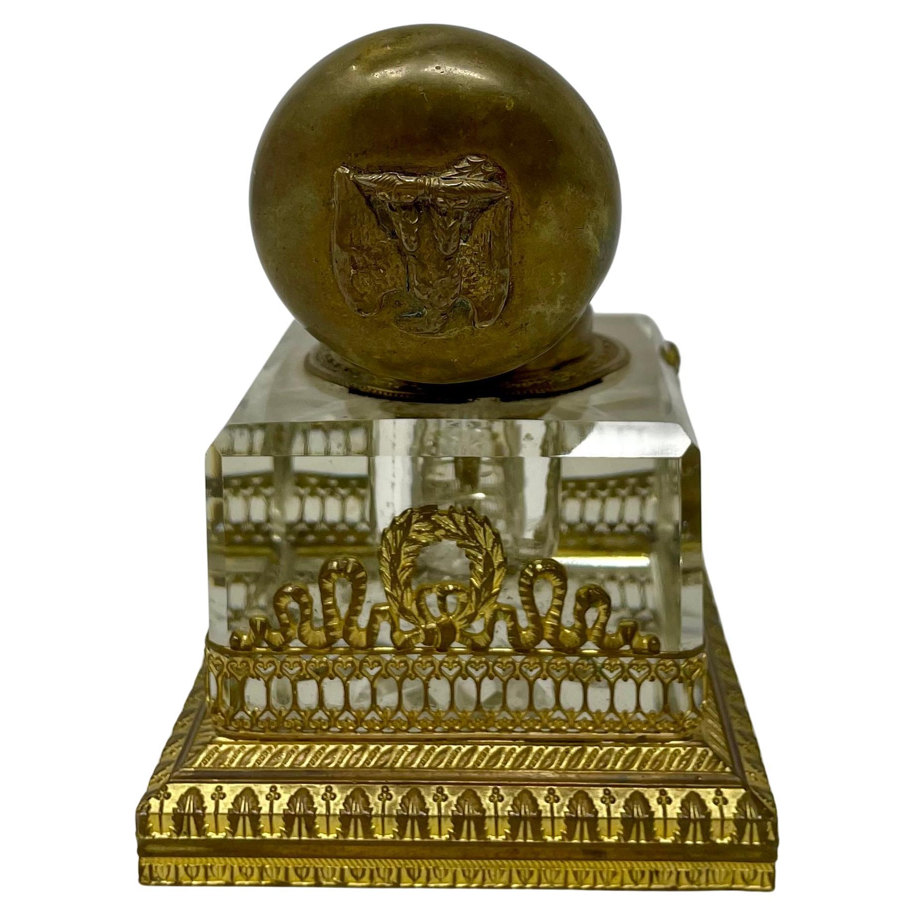 Antique French Empire Cut Crystal and Gold Bronze Inkwell, Circa 1880. For Sale 3