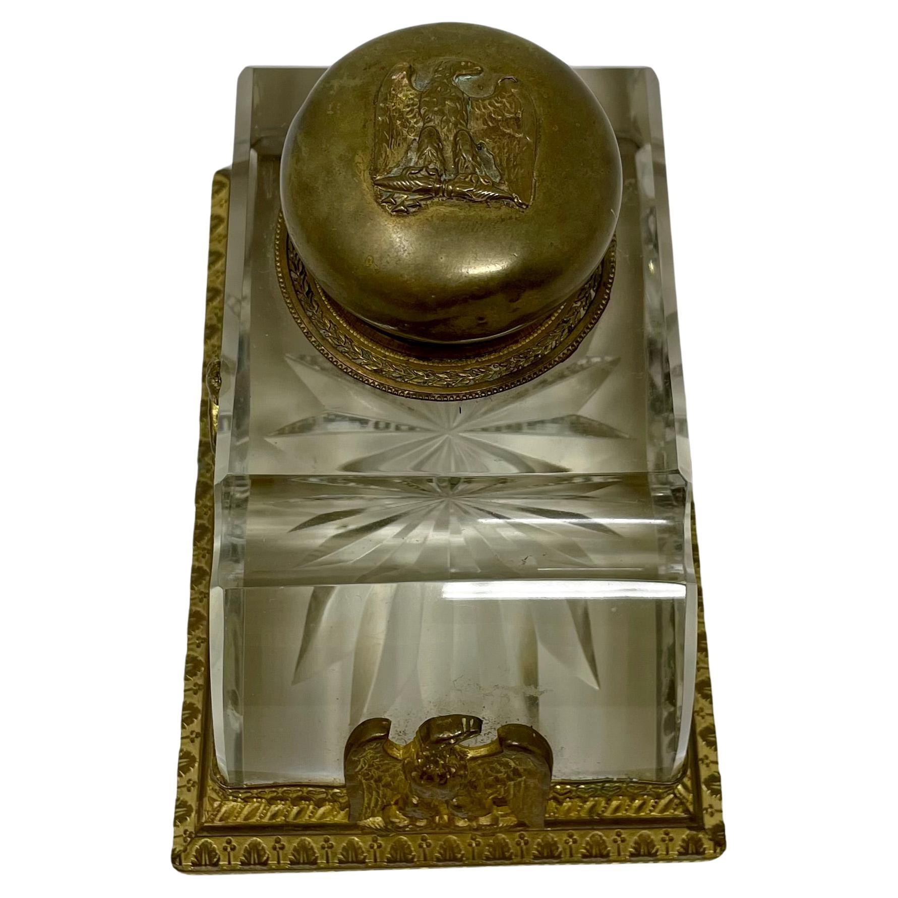 Antique French Empire Cut Crystal and Gold Bronze Inkwell, Circa 1880. For Sale 4