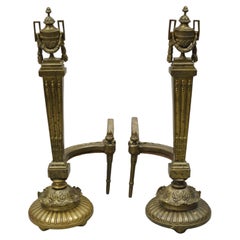 Anciennes chenets Empire français en forme d'urne drapée avec base à piédestal en bronze, une paire