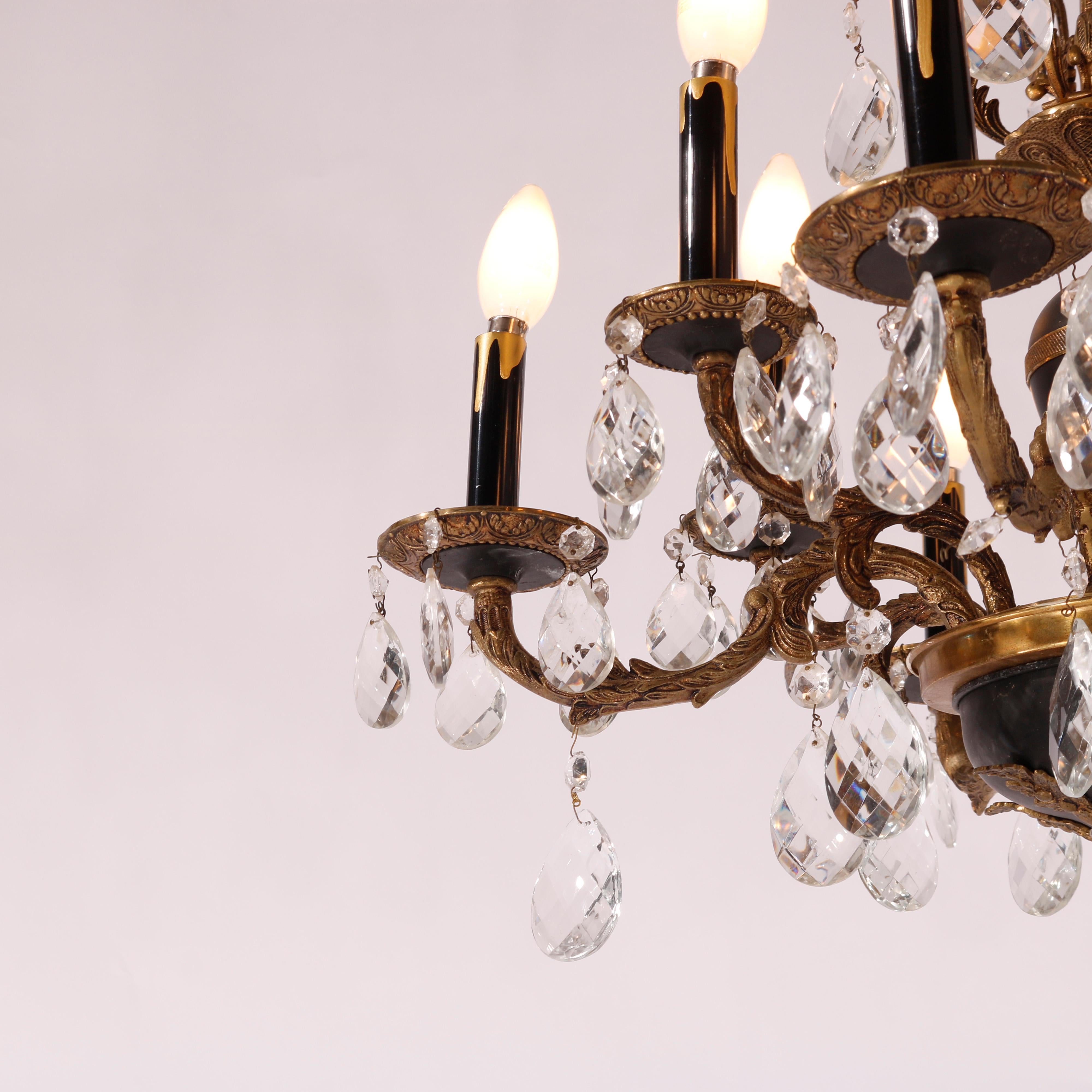 Antique French Empire Ebonized & Gilt Metal Chandelier circa 1930 In Good Condition For Sale In Big Flats, NY