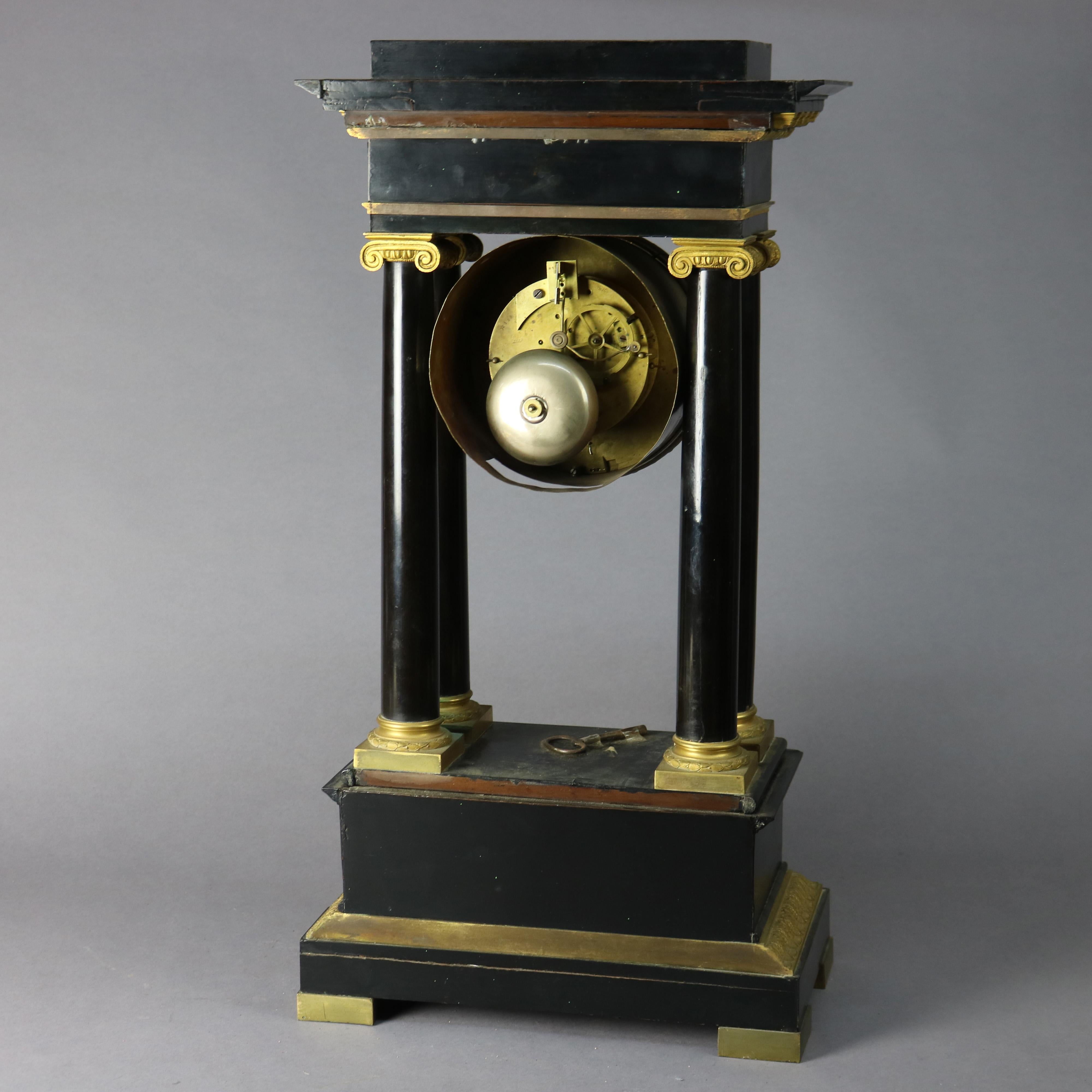 Antique French Empire Ebonized & Gilt Portico Mantel Clock, circa 1820 For Sale 4