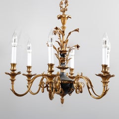 Antique French Empire Ebonized Parcel Gilt Six-Light Chandelier, circa 1930