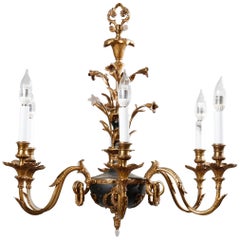 Antique French Empire Ebonized Parcel Gilt Six-Light Chandelier, circa 1930
