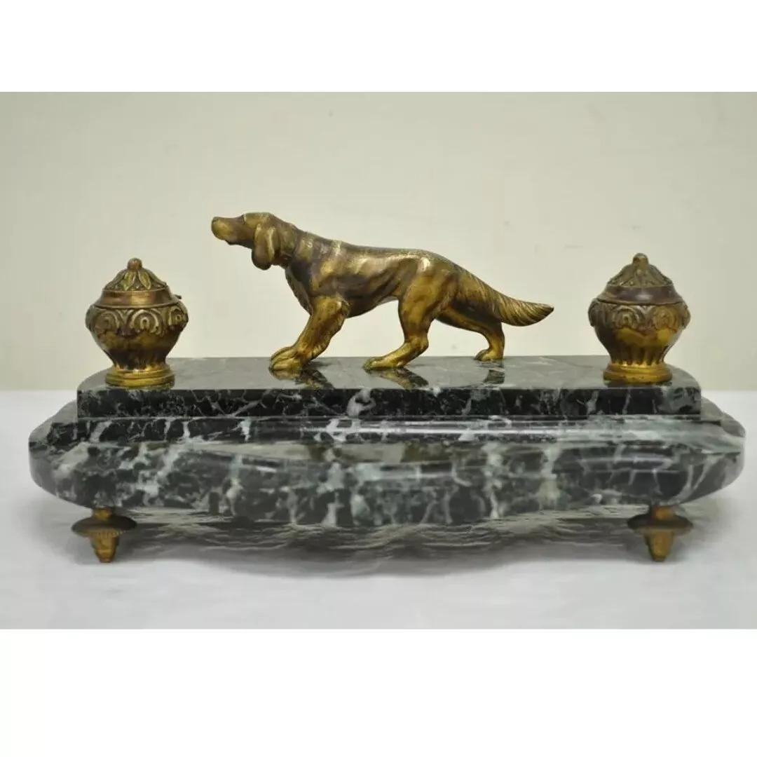 Antique French Empire Figural Bronze & Marble Hunting Dog Desk Double Inkwell For Sale 7