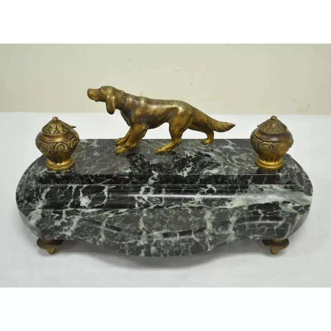 Antique French Empire Figural Bronze & Marble Hunting Dog Desk Double Inkwell. Circa Early 20th Century. Measurements: 4.75
