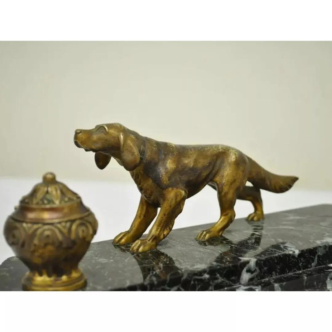 Antique French Empire Figural Bronze & Marble Hunting Dog Desk Double Inkwell In Good Condition For Sale In Philadelphia, PA