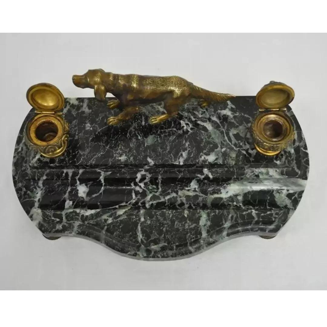 20th Century Antique French Empire Figural Bronze & Marble Hunting Dog Desk Double Inkwell For Sale