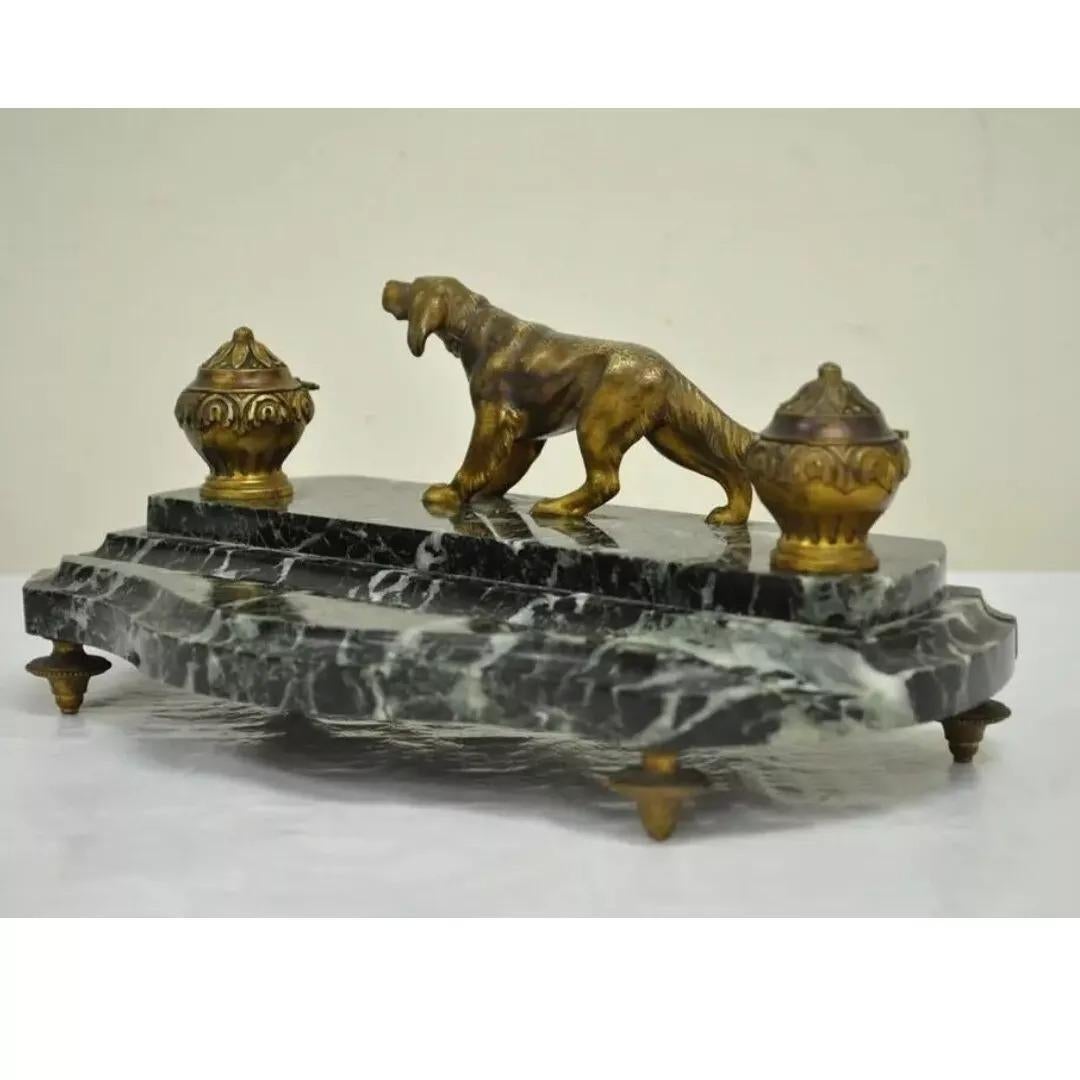 Antique French Empire Figural Bronze & Marble Hunting Dog Desk Double Inkwell For Sale 2
