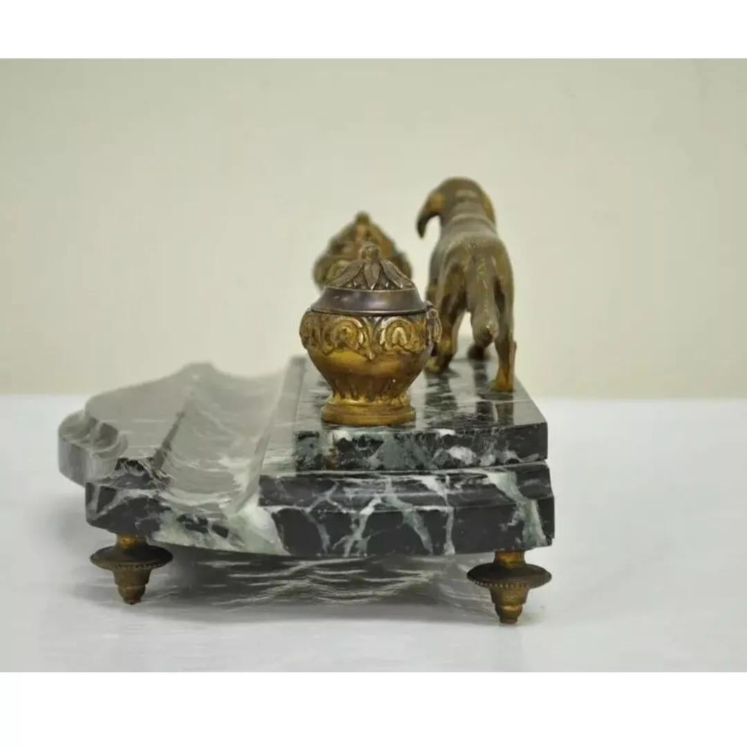 Antique French Empire Figural Bronze & Marble Hunting Dog Desk Double Inkwell For Sale 4