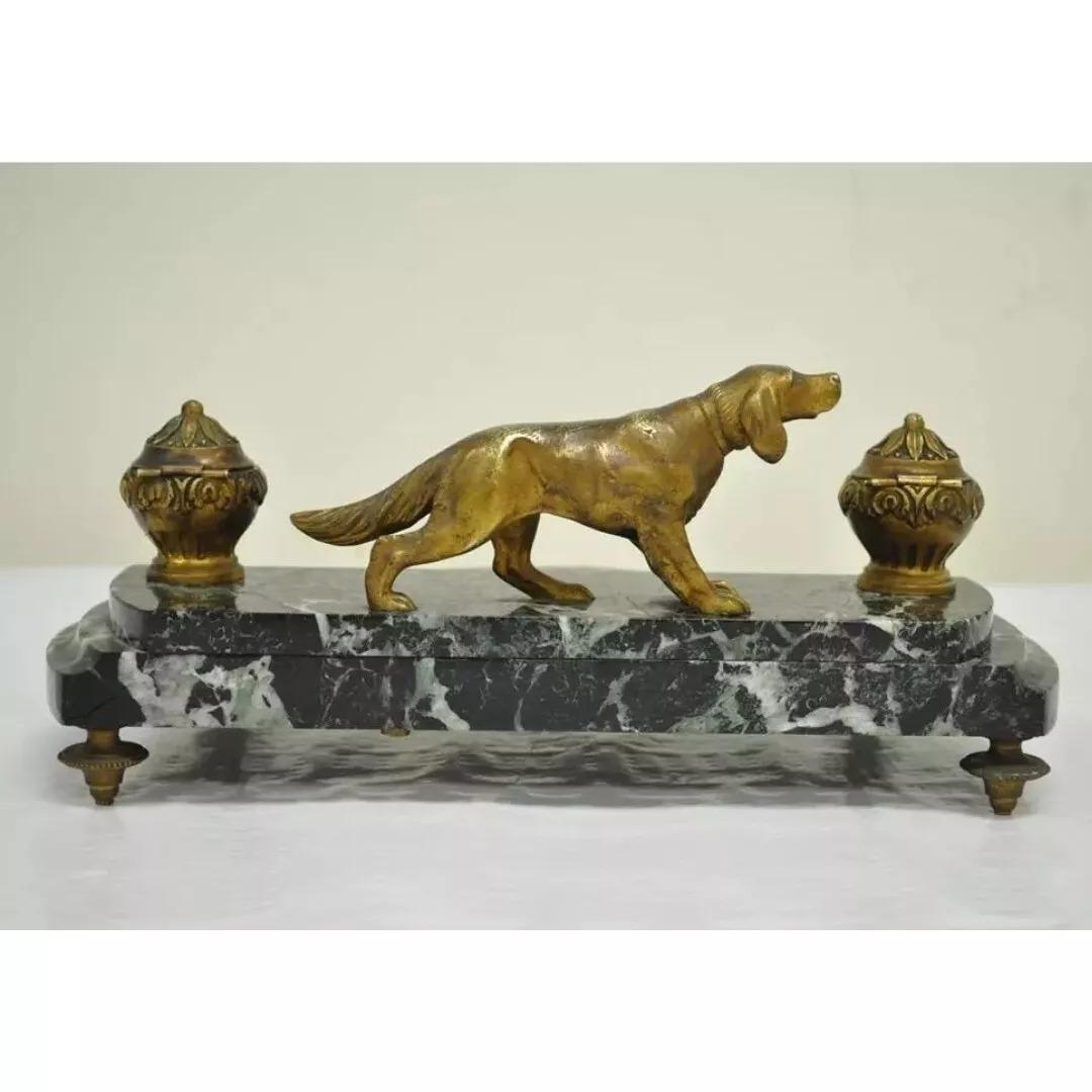 Antique French Empire Figural Bronze & Marble Hunting Dog Desk Double Inkwell For Sale 5