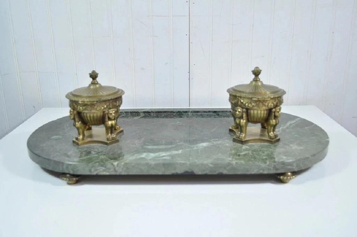 Antique French Empire Figural Bronze Sphinx Green Marble Desk Top Double Inkwell en vente 6