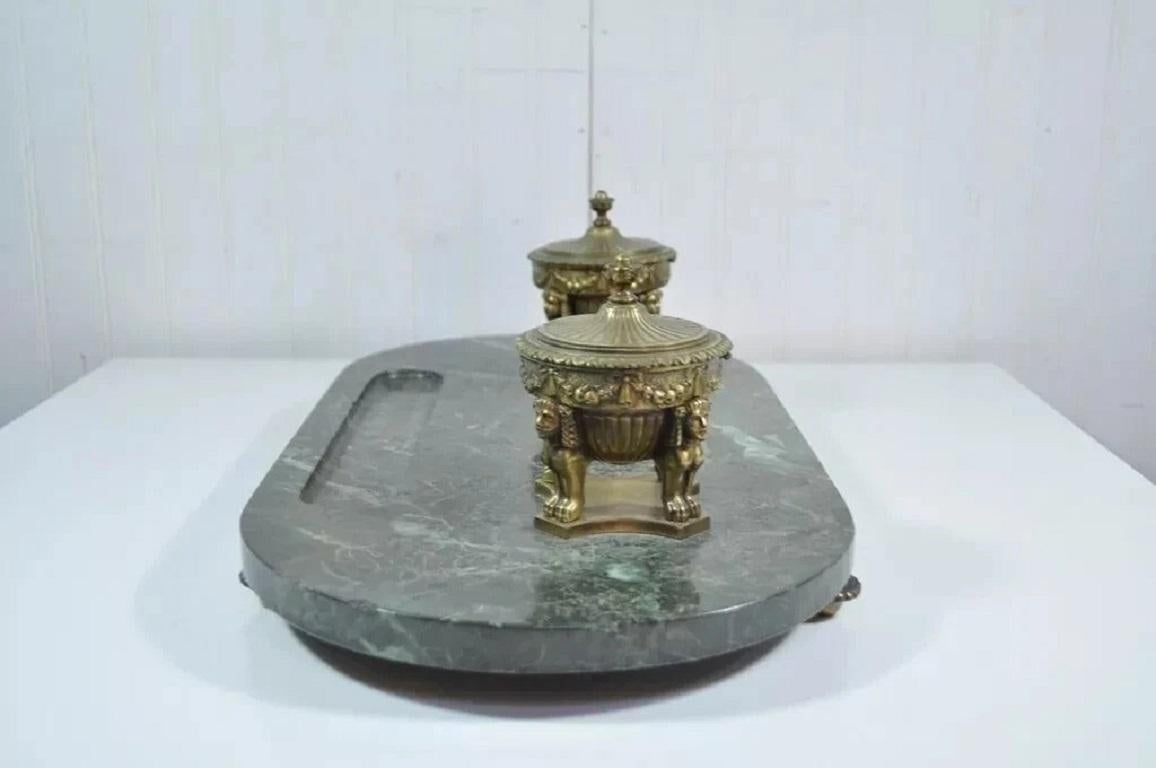 Antique French Empire Figural Bronze Sphinx Green Marble Desk Top Double Inkwell en vente 2