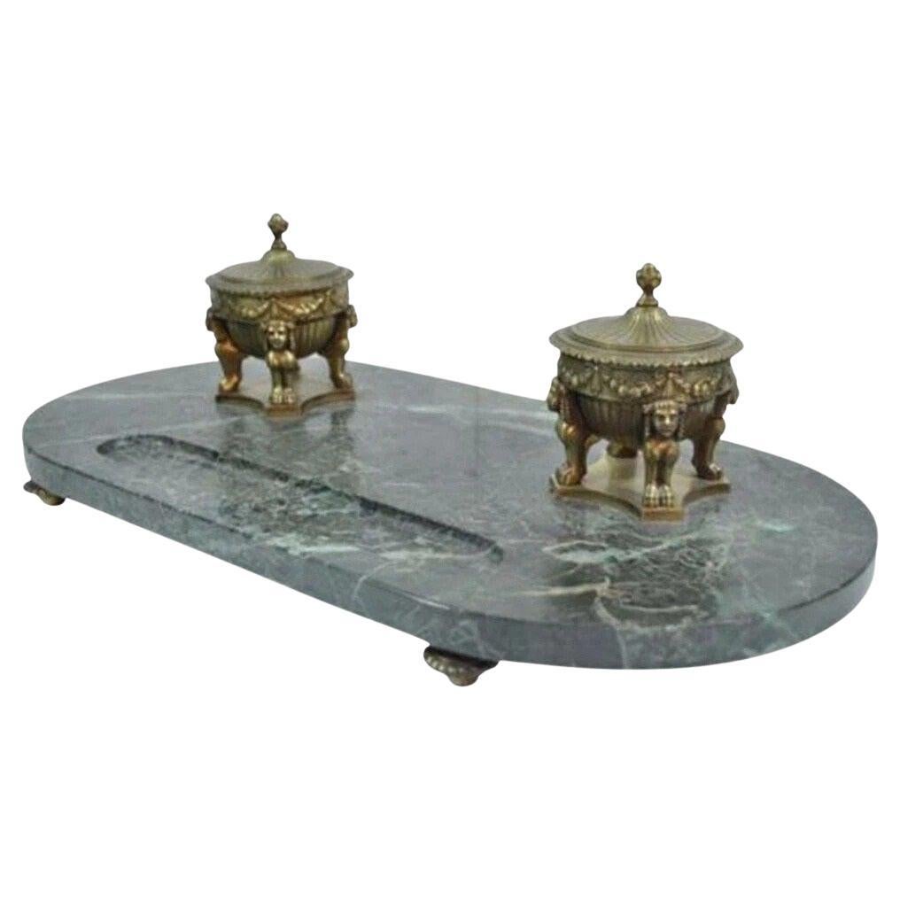 Antique French Empire Figural Bronze Sphinx Green Marble Desk Top Double Inkwell