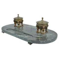 Antique French Empire Figural Bronze Sphinx Green Marble Desk Top Double Inkwell