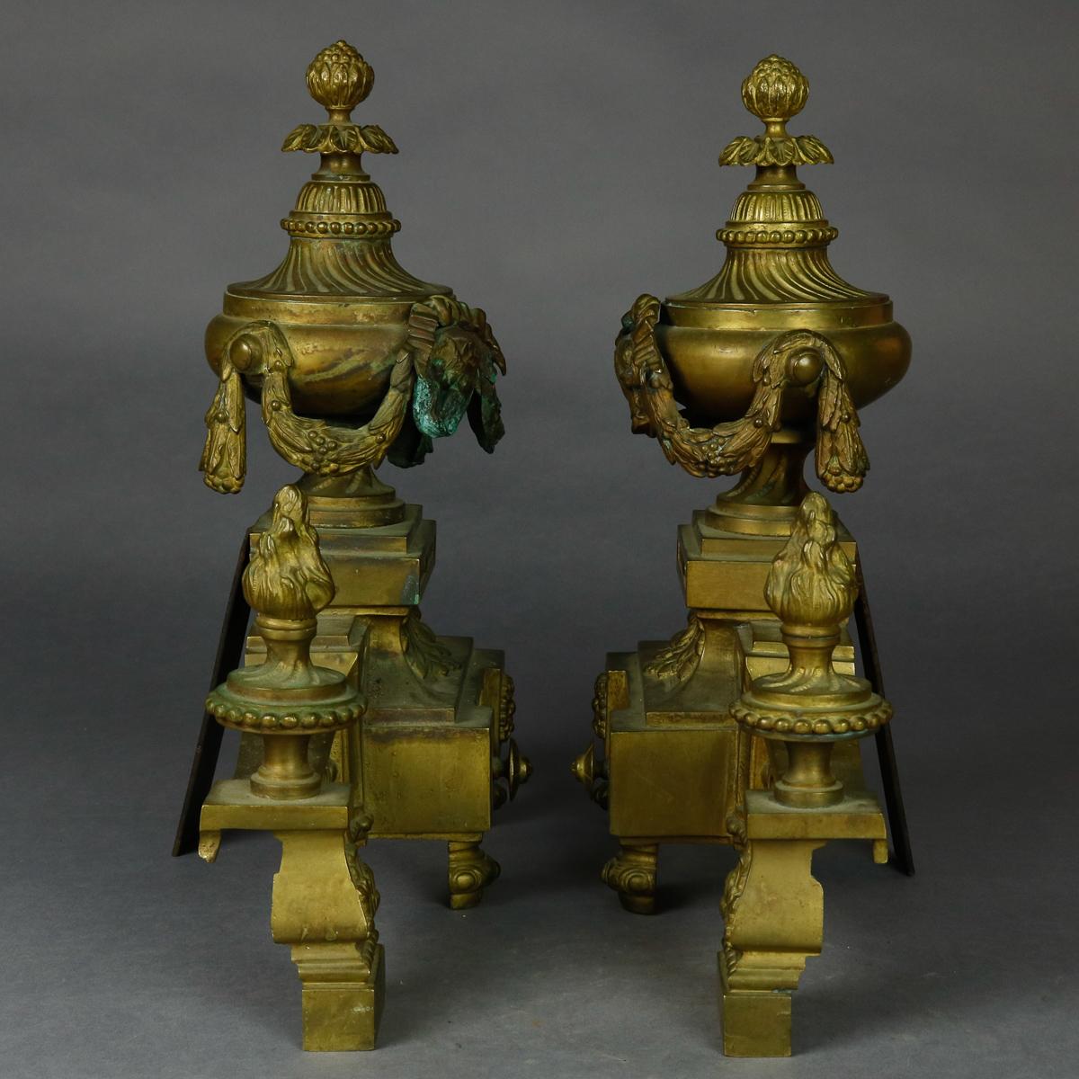 Louis XVI Antique French Empire Figural Bronze Urn and Flame Form Fireplace Andirons