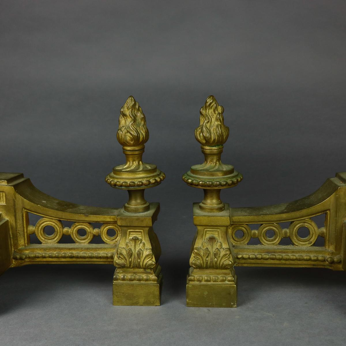 Cast Antique French Empire Figural Bronze Urn and Flame Form Fireplace Andirons