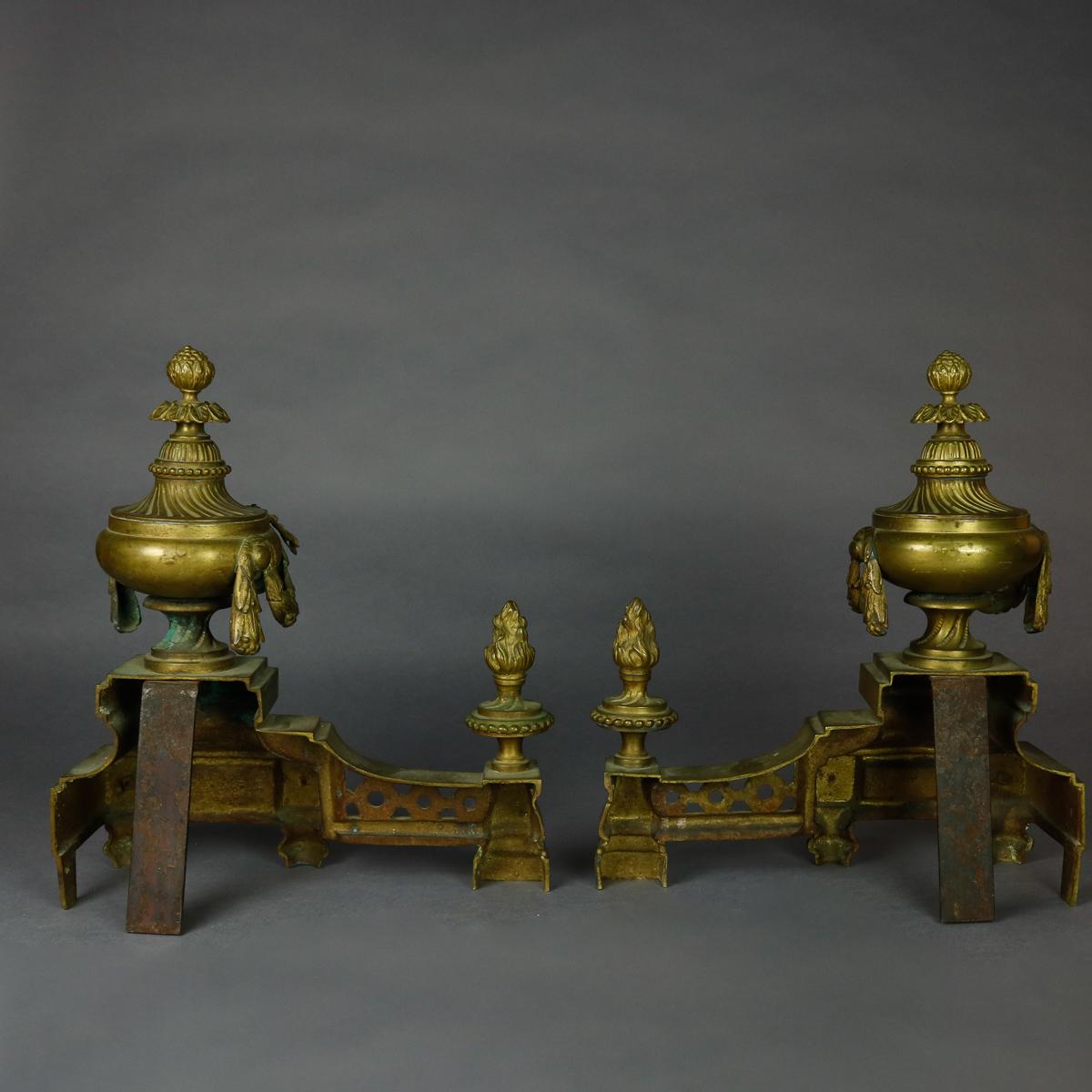 Antique French Empire Figural Bronze Urn and Flame Form Fireplace Andirons In Good Condition In Big Flats, NY