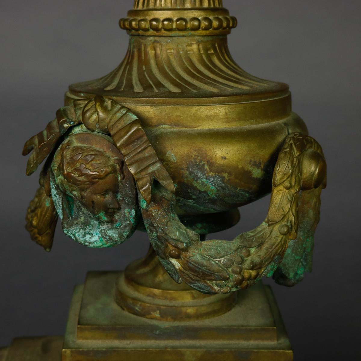 19th Century Antique French Empire Figural Bronze Urn and Flame Form Fireplace Andirons