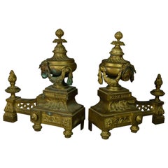 Antique French Empire Figural Bronze Urn and Flame Form Fireplace Andirons