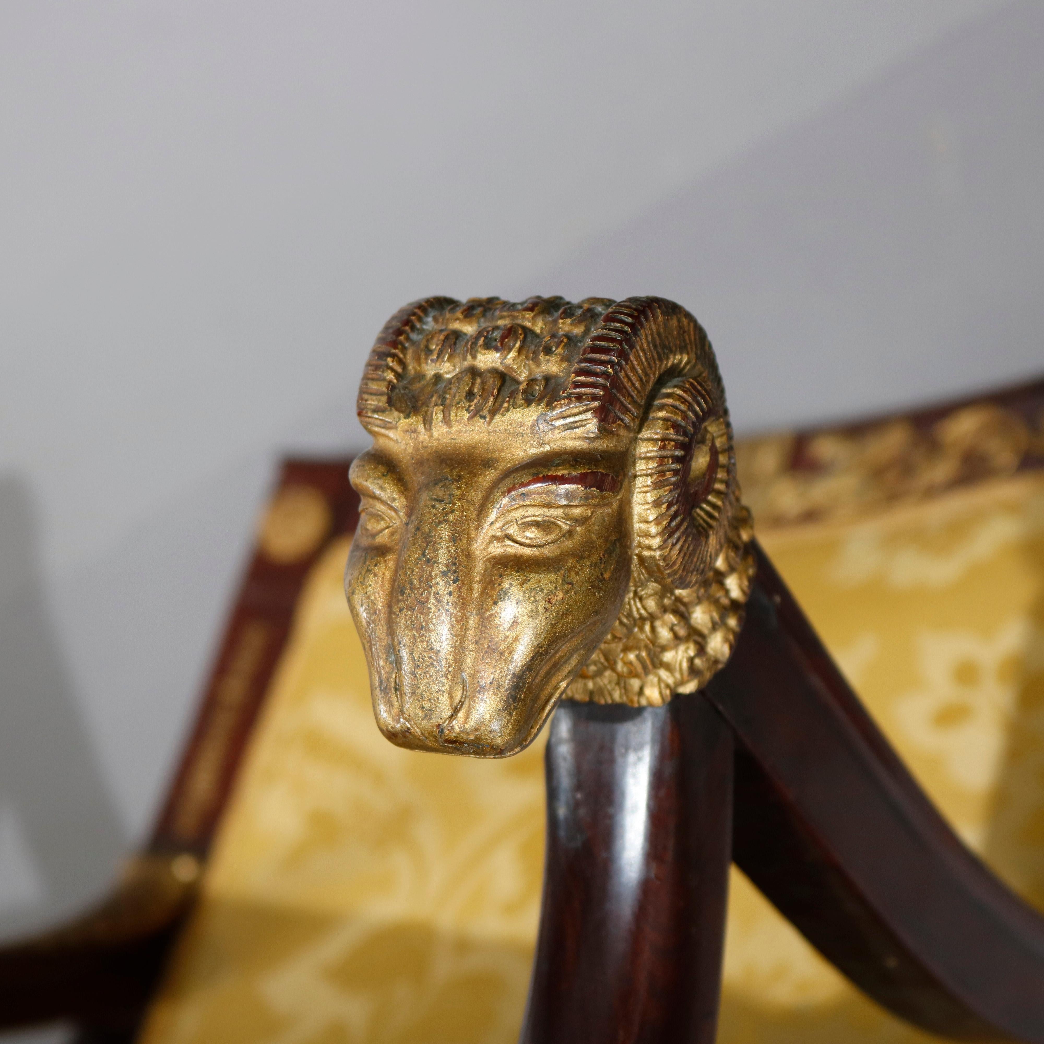 Cast Antique French Empire Figural Ormolu and Mahogany Armchair with Ram Heads