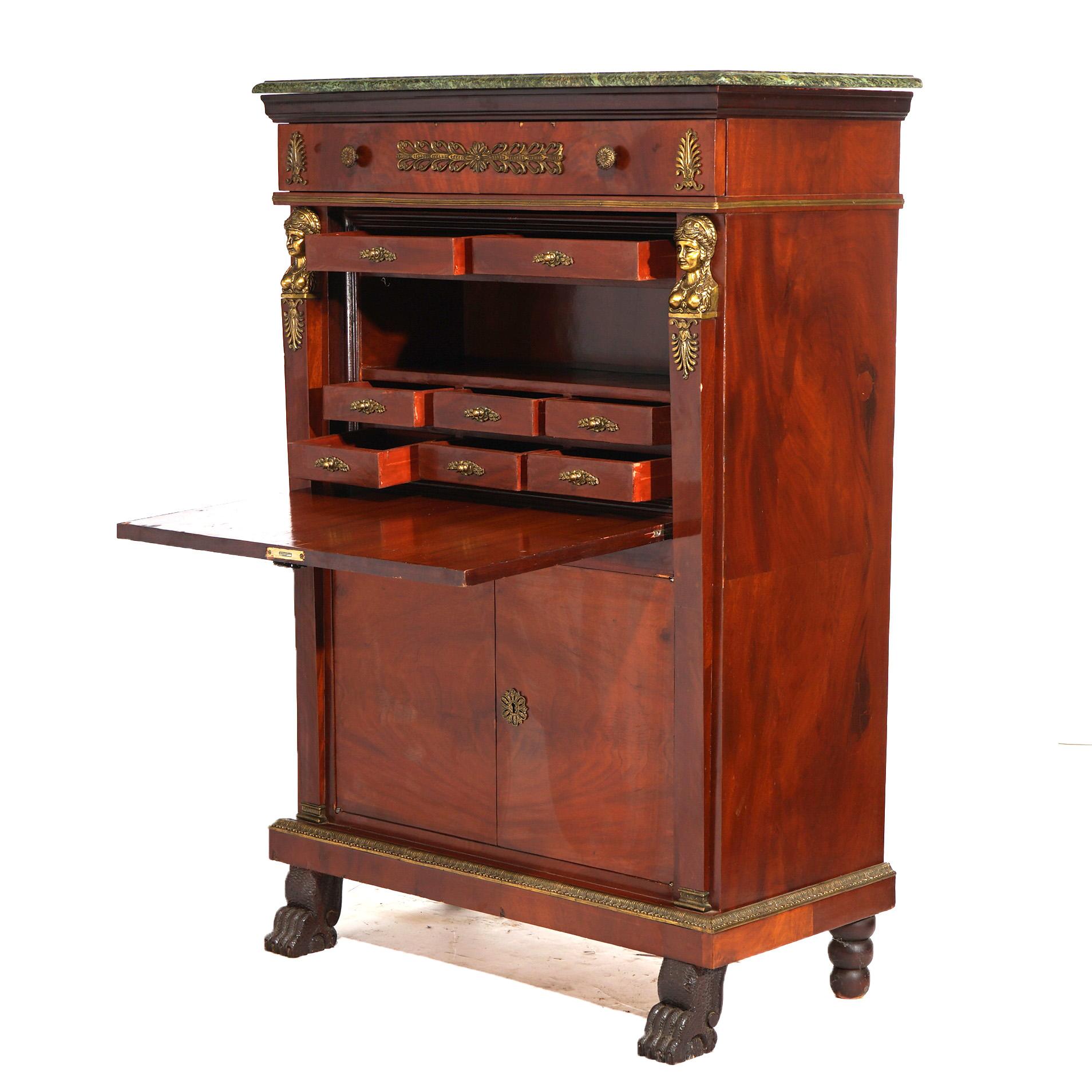 Antique French Empire Flame Mahogany Abattant with Figural Ormolu 19thC in vendita 6