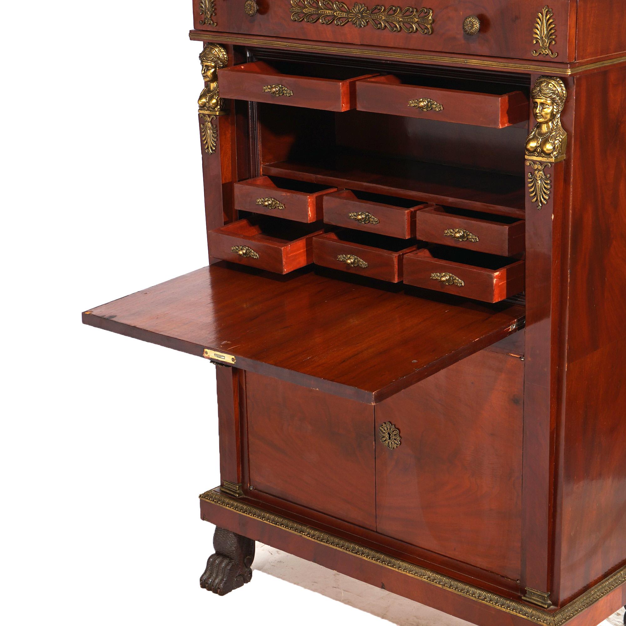 Antique French Empire Flame Mahogany Abattant with Figural Ormolu 19thC in vendita 7