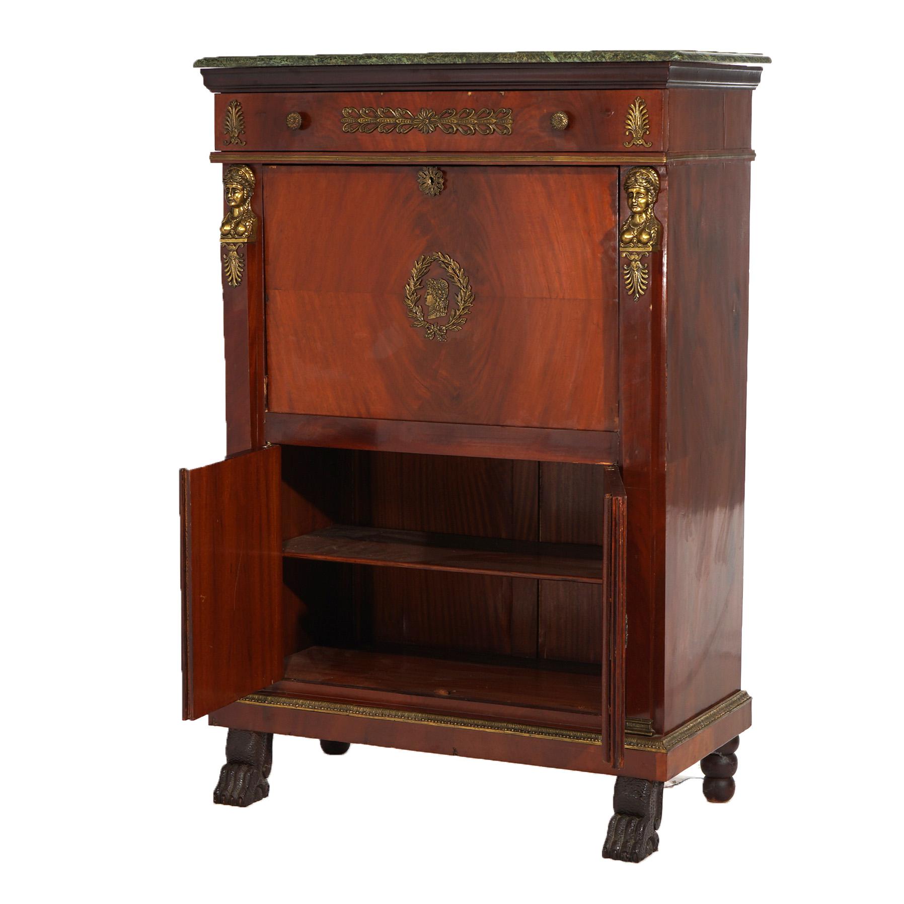 Antique French Empire Flame Mahogany Abattant with Figural Ormolu 19thC in vendita 8