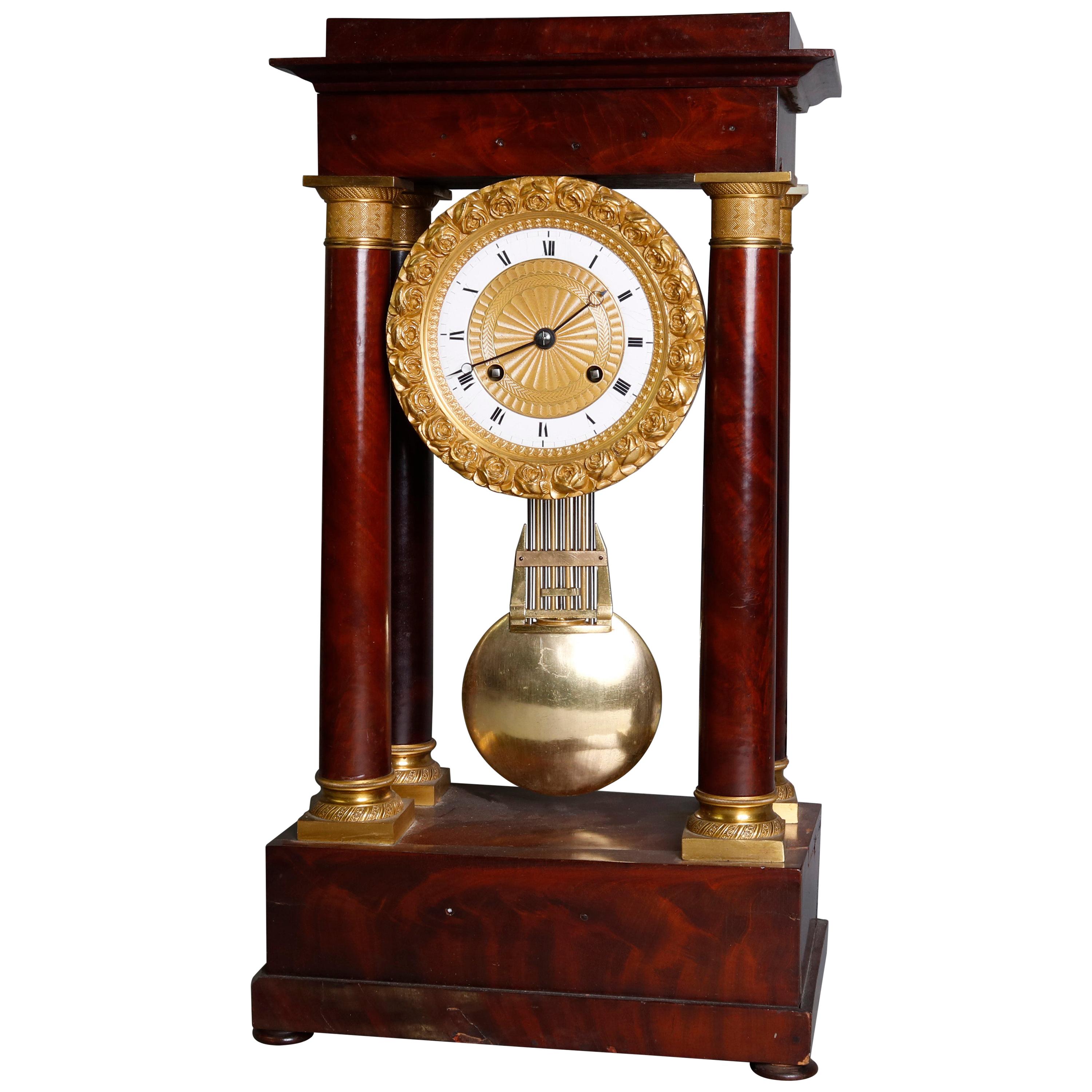 Antique French Empire Flame Mahogany and Ormolu Portico Clock, circa 1890