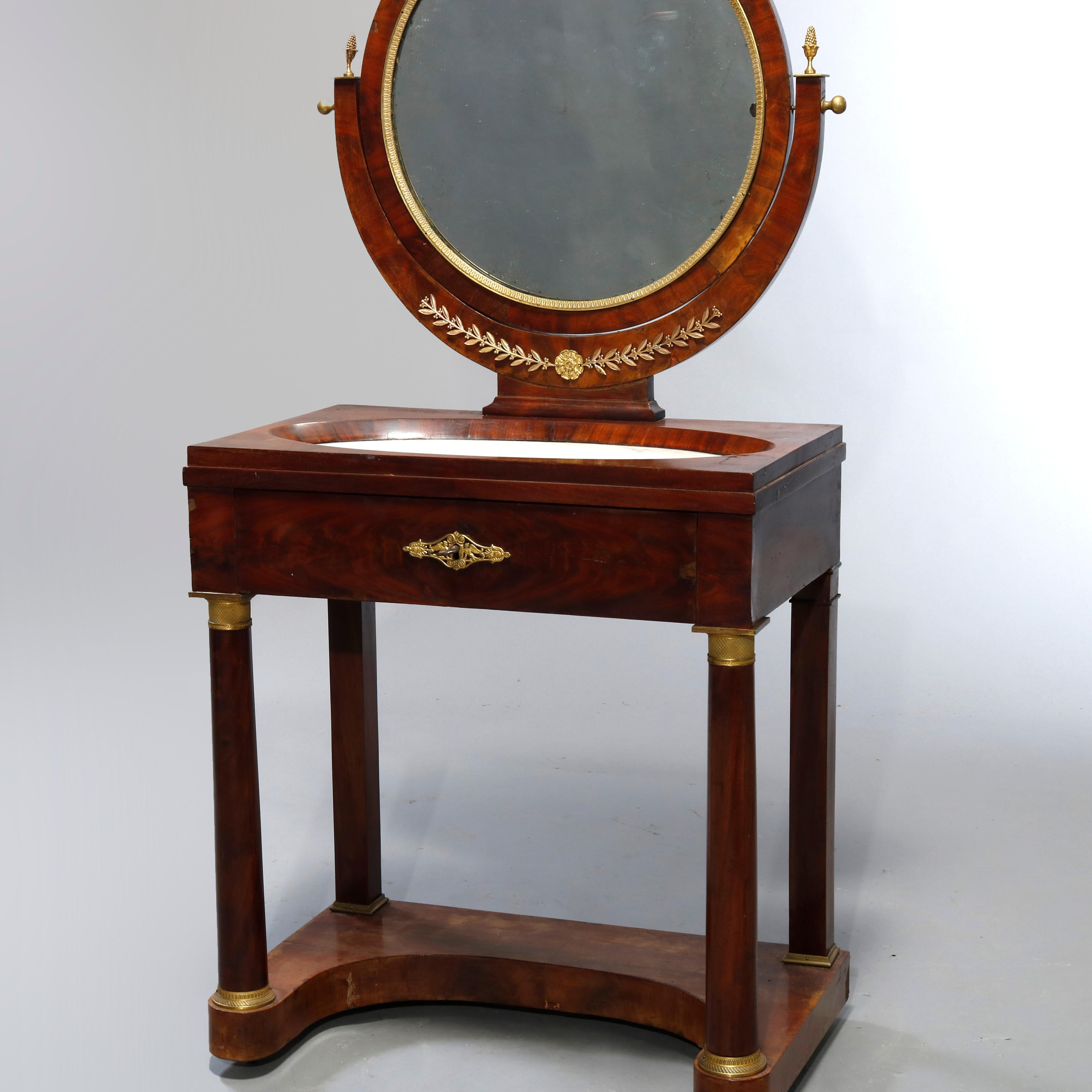 Antique French Empire Flame Mahogany & Ormolu Marble-Top Dressing Table, c 1810 7