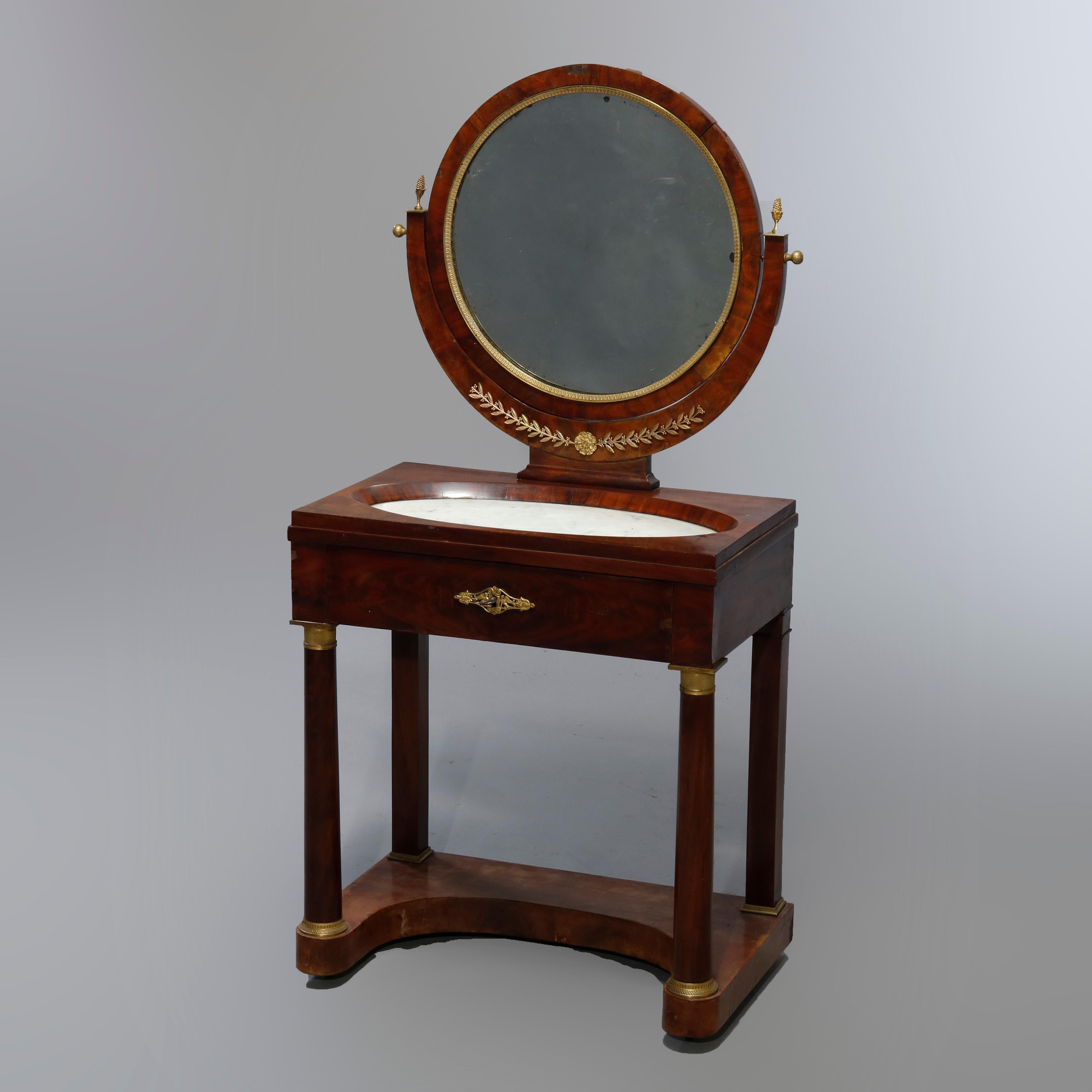 Antique French Empire Flame Mahogany & Ormolu Marble-Top Dressing Table, c 1810 10