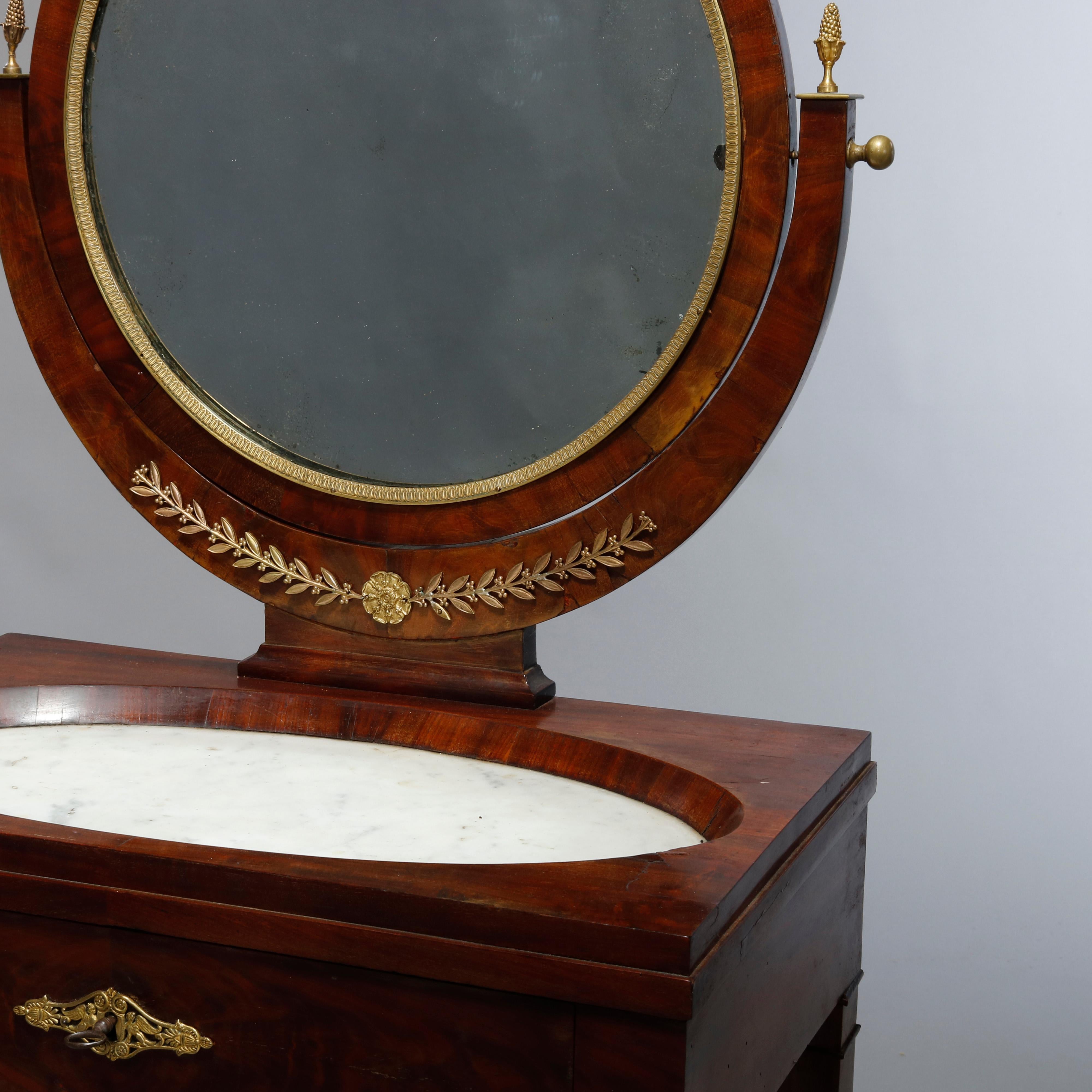 Carved Antique French Empire Flame Mahogany & Ormolu Marble-Top Dressing Table, c 1810