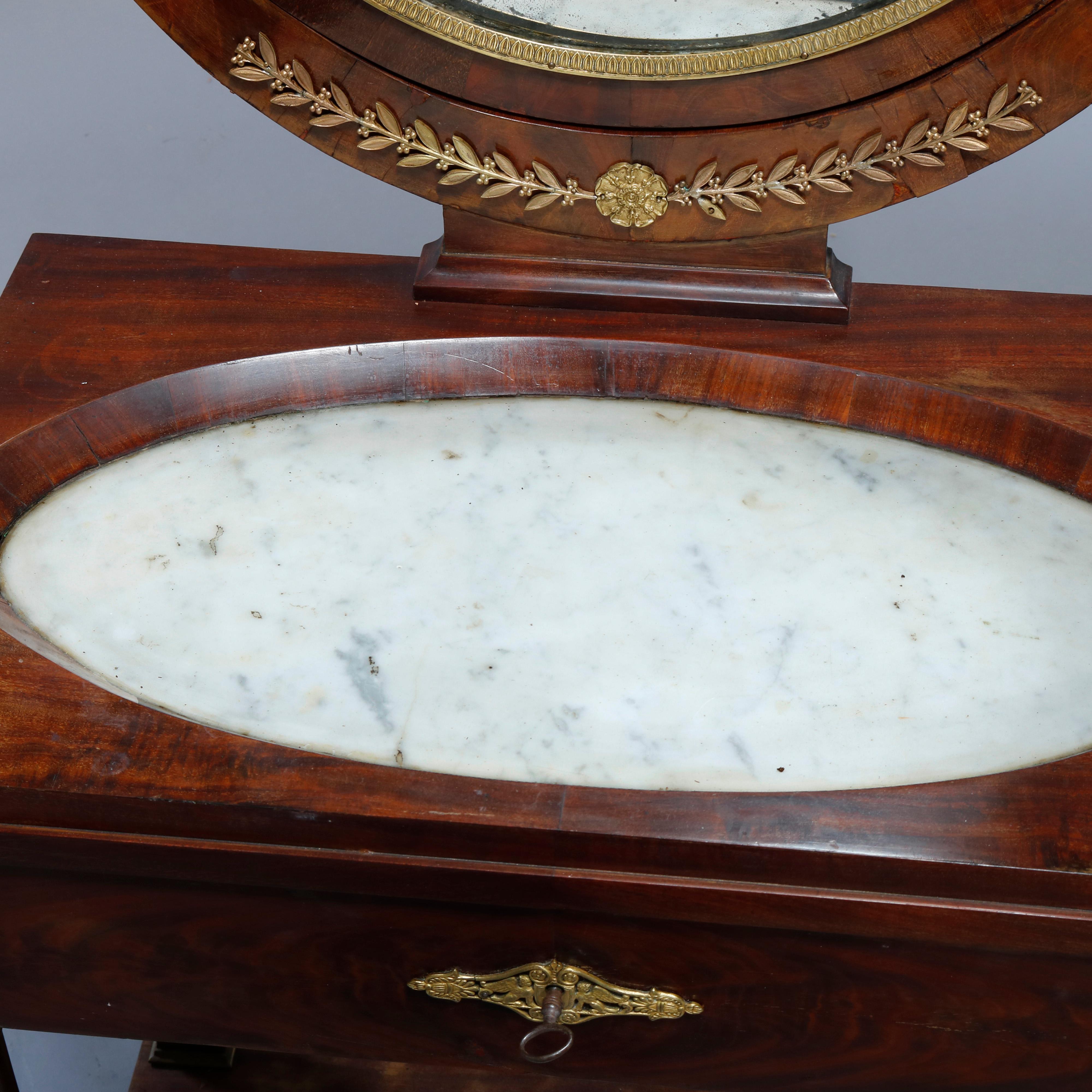 Antique French Empire Flame Mahogany & Ormolu Marble-Top Dressing Table, c 1810 In Good Condition In Big Flats, NY