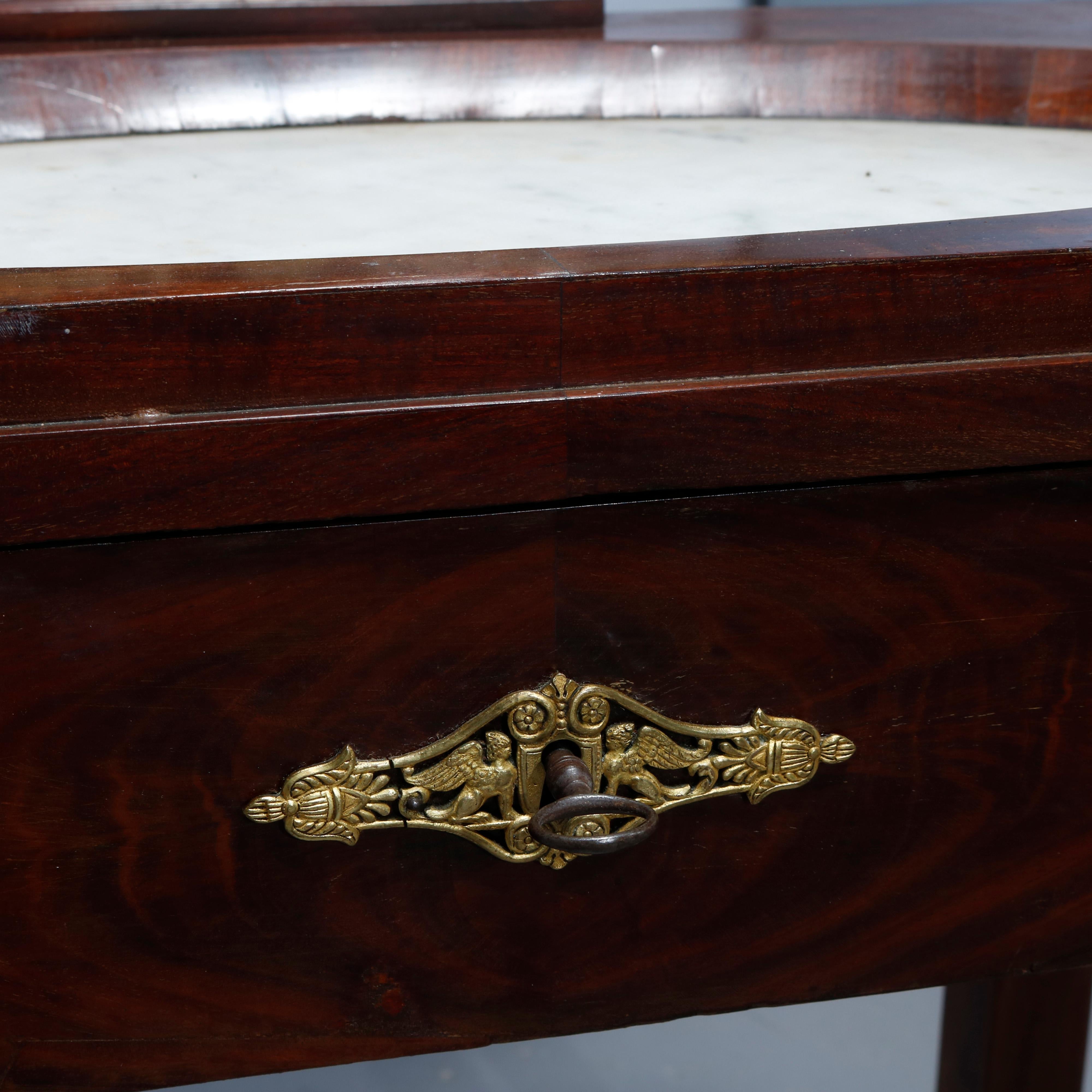 19th Century Antique French Empire Flame Mahogany & Ormolu Marble-Top Dressing Table, c 1810