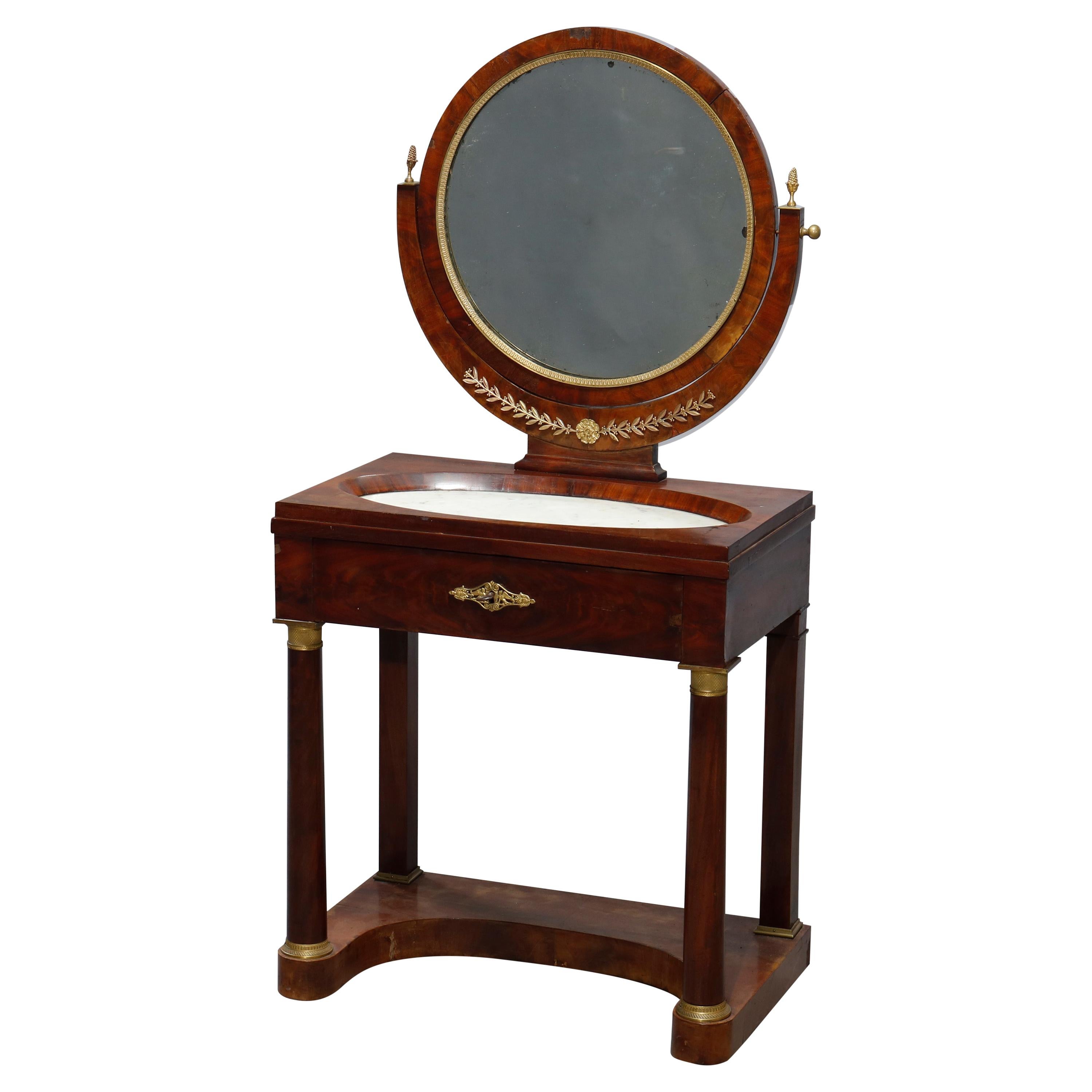 Antique French Empire Flame Mahogany & Ormolu Marble-Top Dressing Table, c 1810