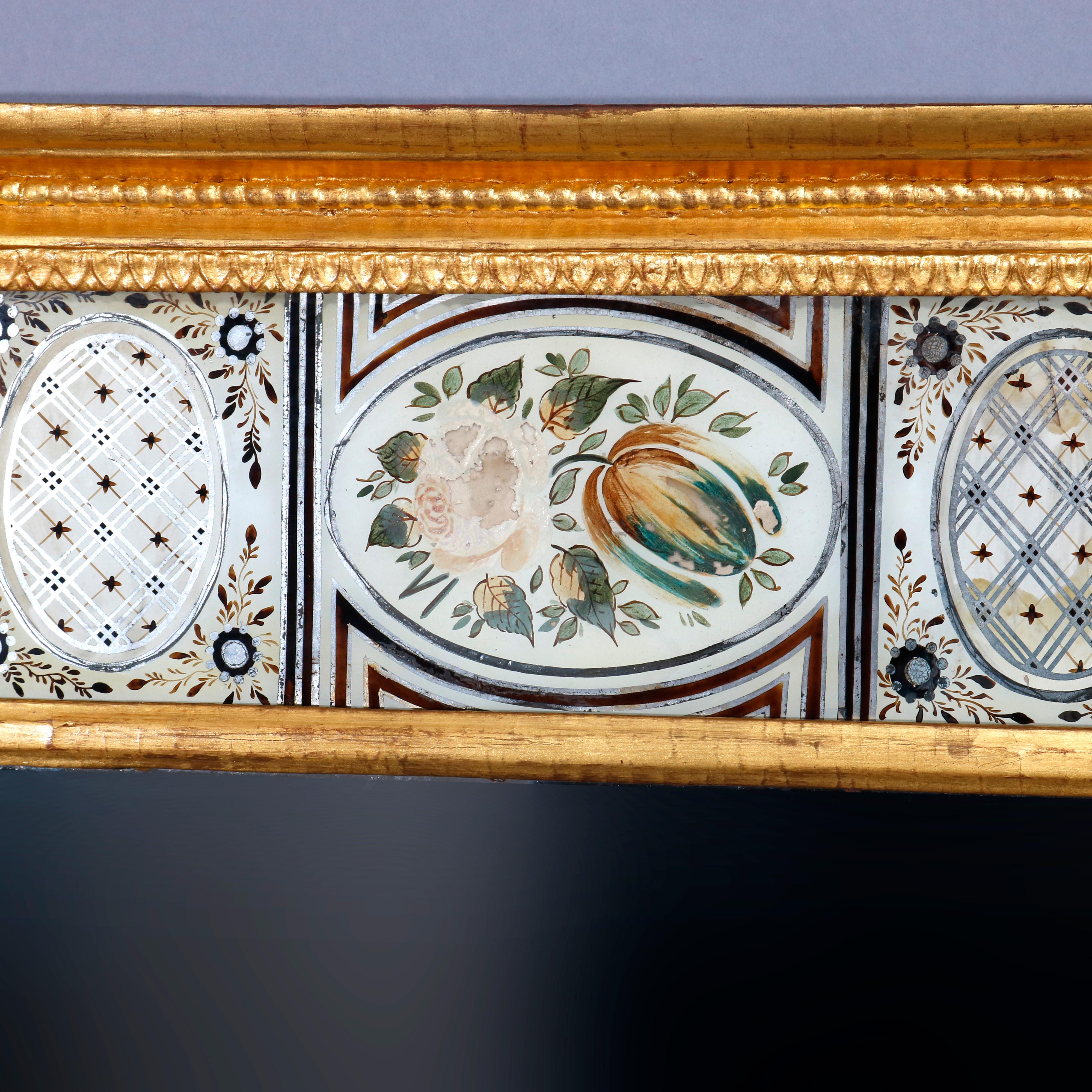 Hand-Painted Antique French Empire Floral Églomisé Trumeau Giltwood Wall Mirror, 19th Century