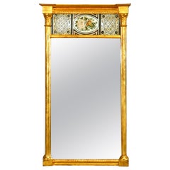 Antique French Empire Floral Églomisé Trumeau Giltwood Wall Mirror, 19th Century