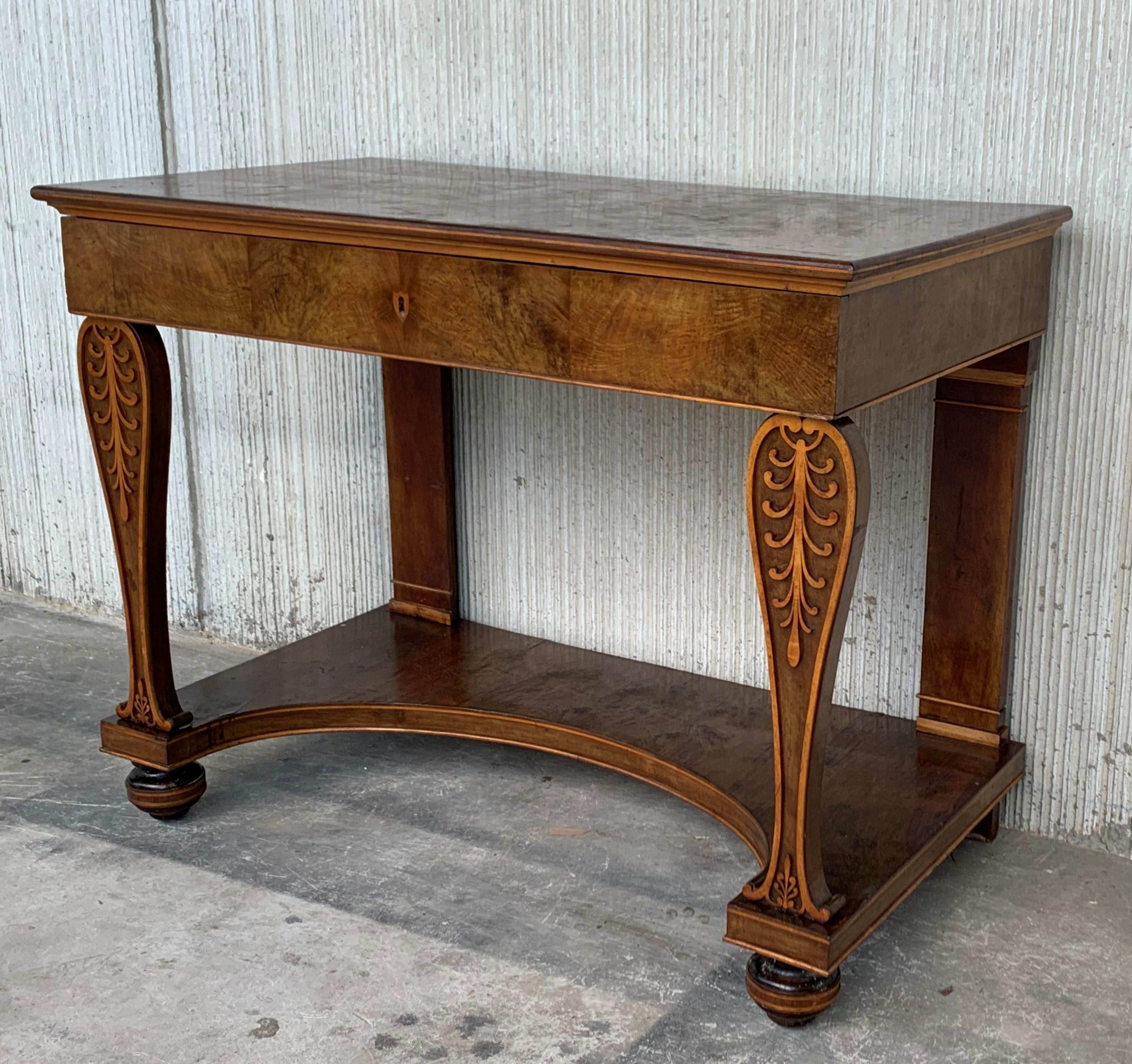 Antique French Empire- Biedermeier fruitwood console table with drawer, early 20th century
Stunning and rare Dutch Biedermeier console table, circa 1930s.

In good original condition with minor wear consistent with age and use, preserving a