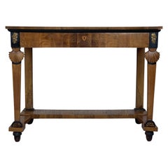 Table console ancienne Empire en bois fruitier avec tiroir:: début du 19ème siècle