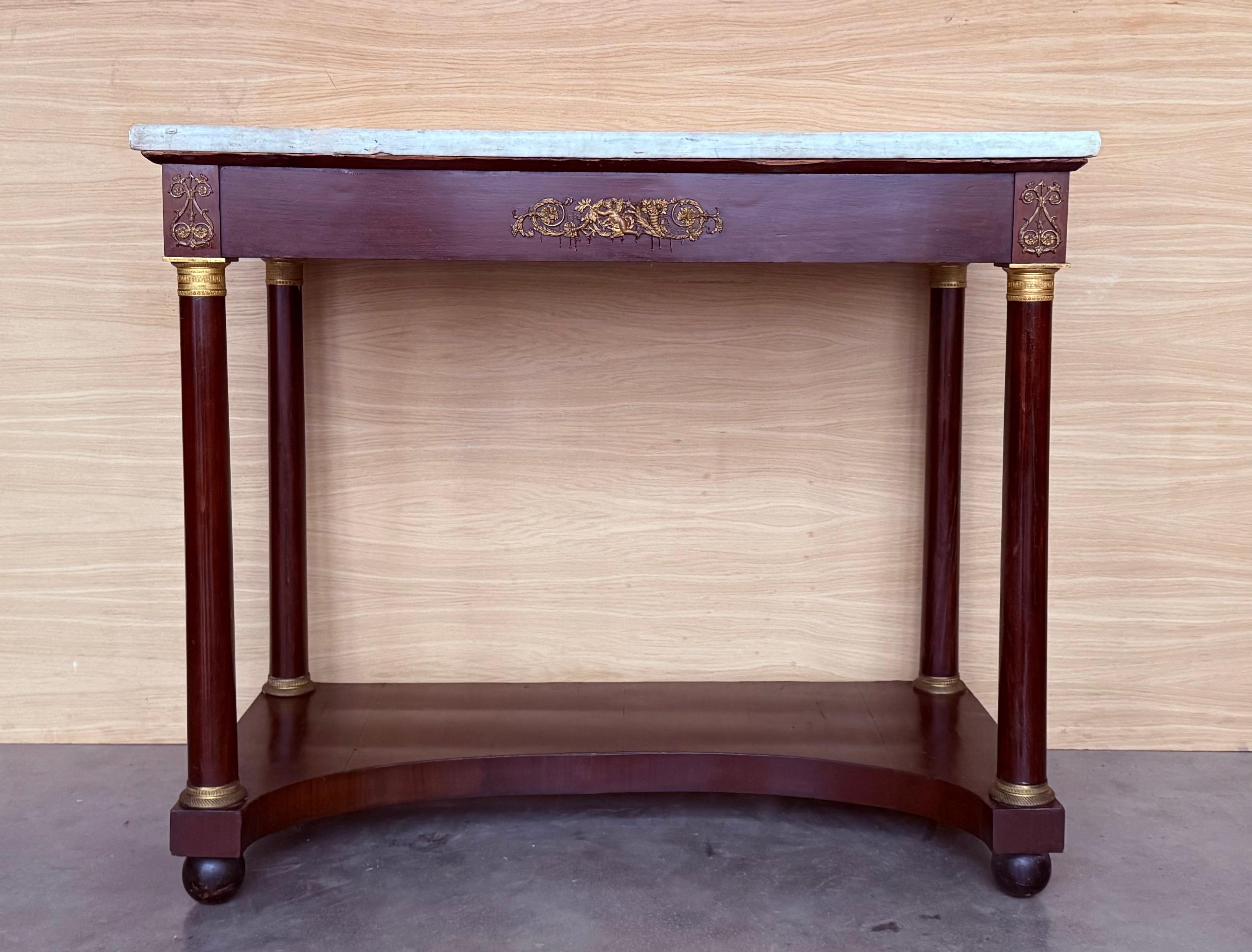Français Ancienne table console Empire française en bois fruitier avec tiroir, début du 20ème siècle en vente