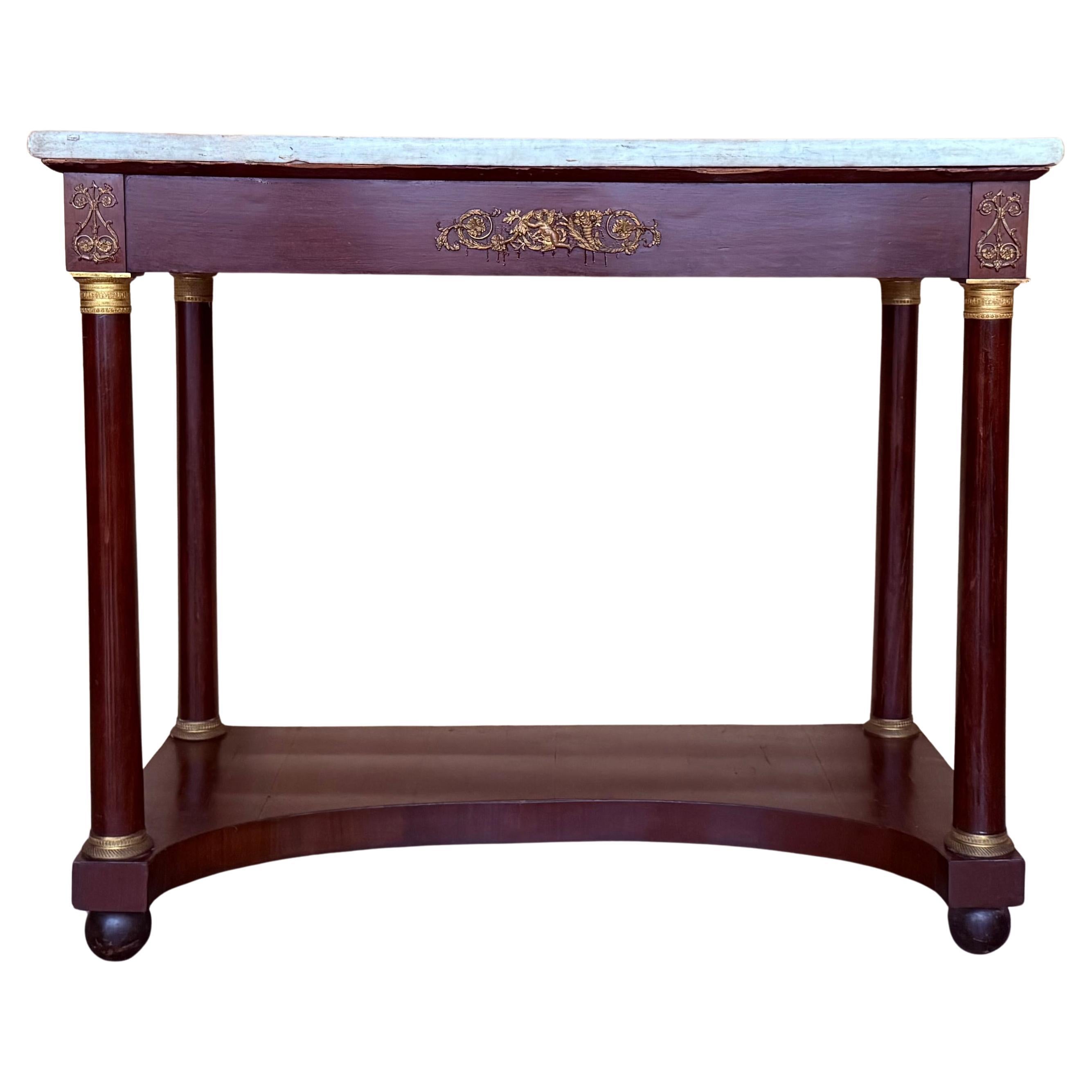 Ancienne table console Empire française en bois fruitier avec tiroir, début du 20ème siècle