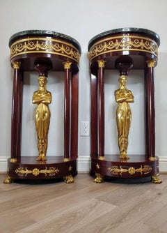 Antique French Empire Gilt Bronze Caryatid Mounted Mahogany Pedestal Table Pair