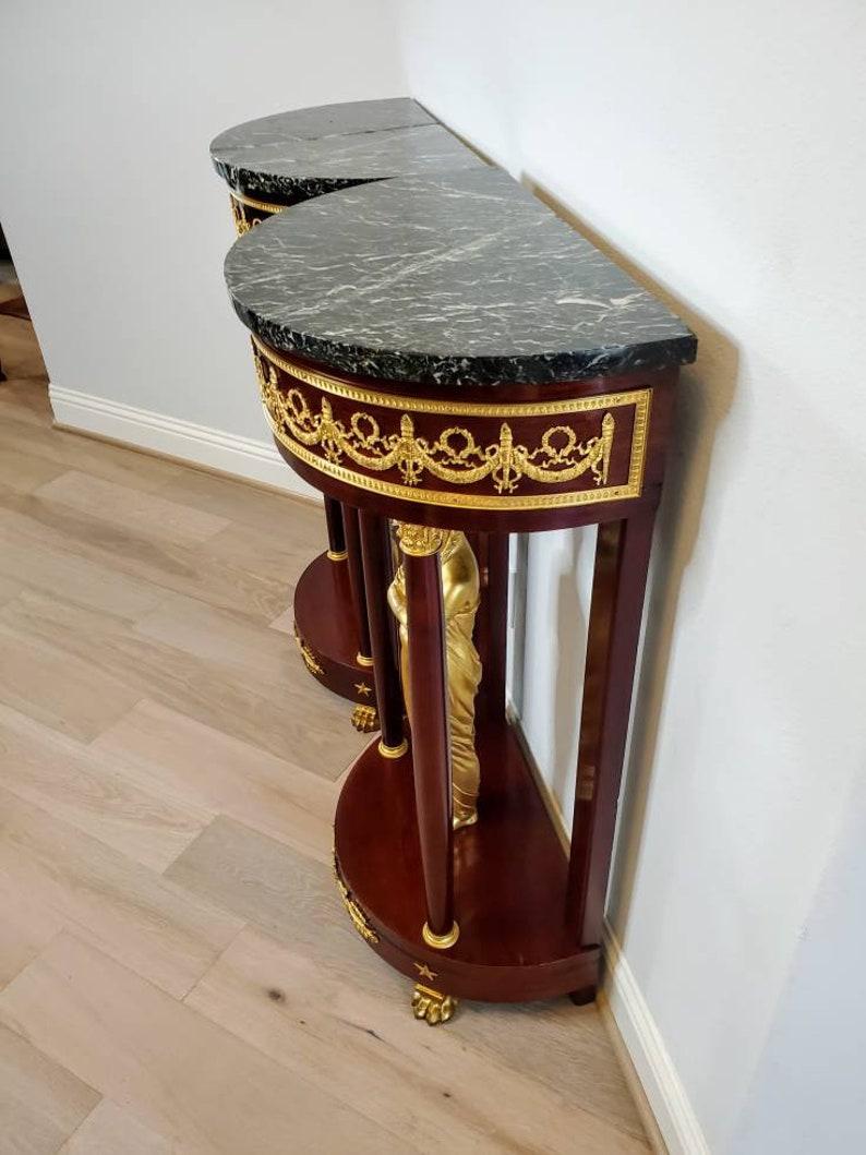 Antique French Empire Gilt Bronze Caryatid Mounted Mahogany Pedestal Table Pair In Good Condition For Sale In Forney, TX