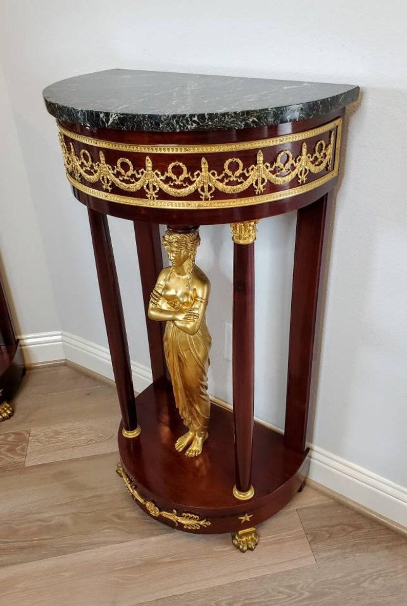 20th Century Antique French Empire Gilt Bronze Caryatid Mounted Mahogany Pedestal Table Pair For Sale