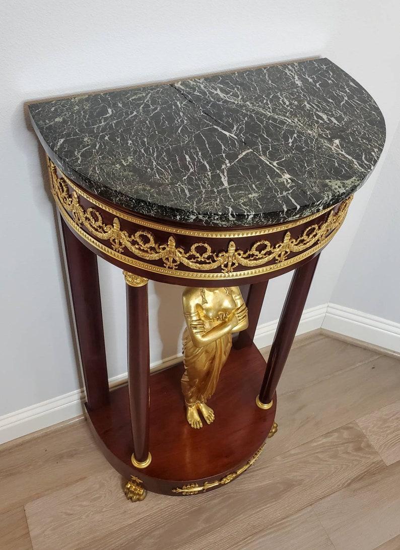 Antique French Empire Gilt Bronze Caryatid Mounted Mahogany Pedestal Table Pair For Sale 1