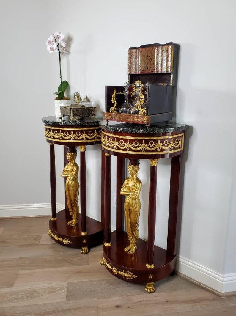 Antique French Empire Gilt Bronze Caryatid Mounted Mahogany Pedestal Table Pair For Sale 2