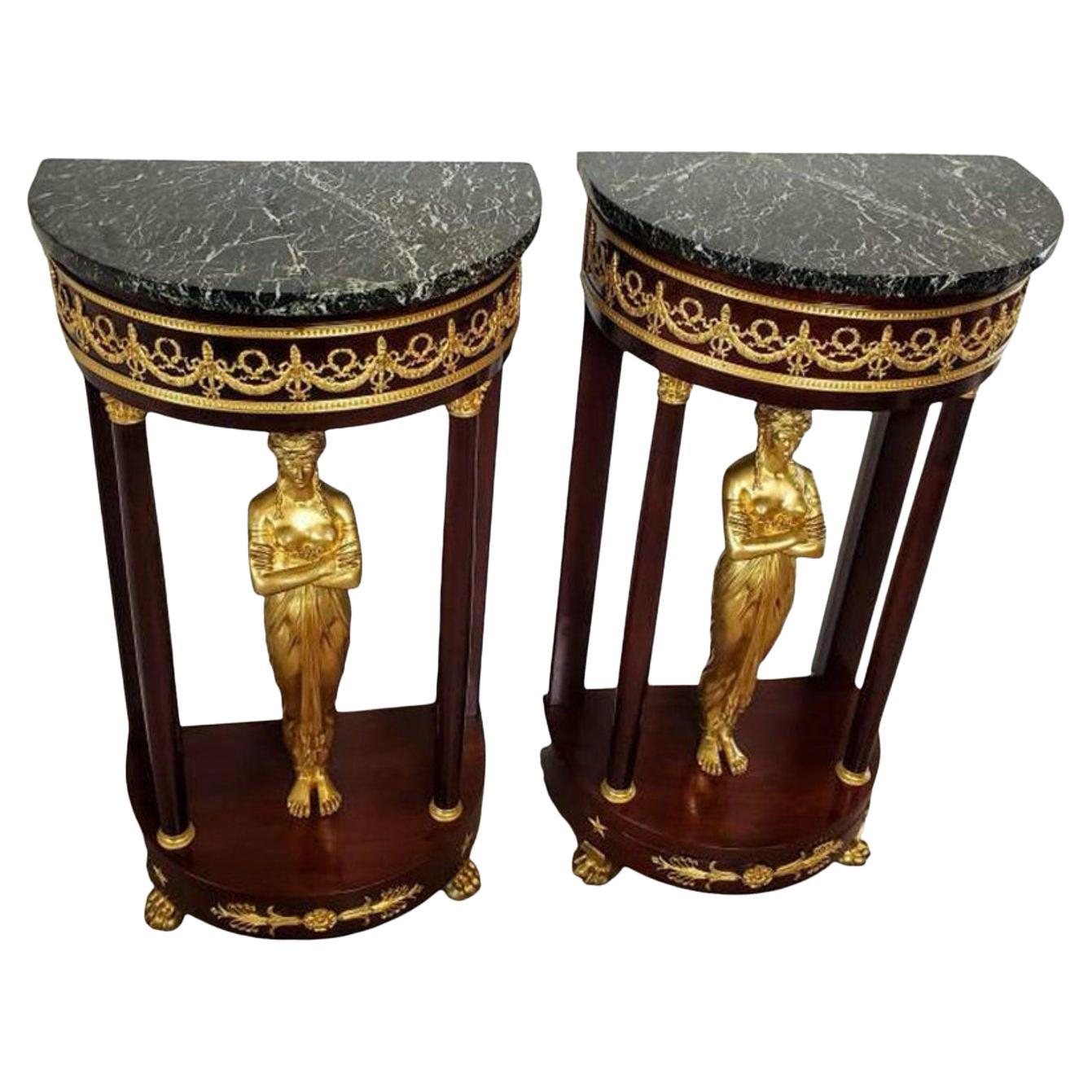 Antique French Empire Gilt Bronze Caryatid Mounted Mahogany Pedestal Table Pair For Sale