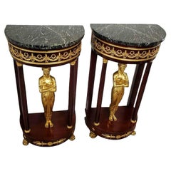 Used French Empire Gilt Bronze Caryatid Mounted Mahogany Pedestal Table Pair